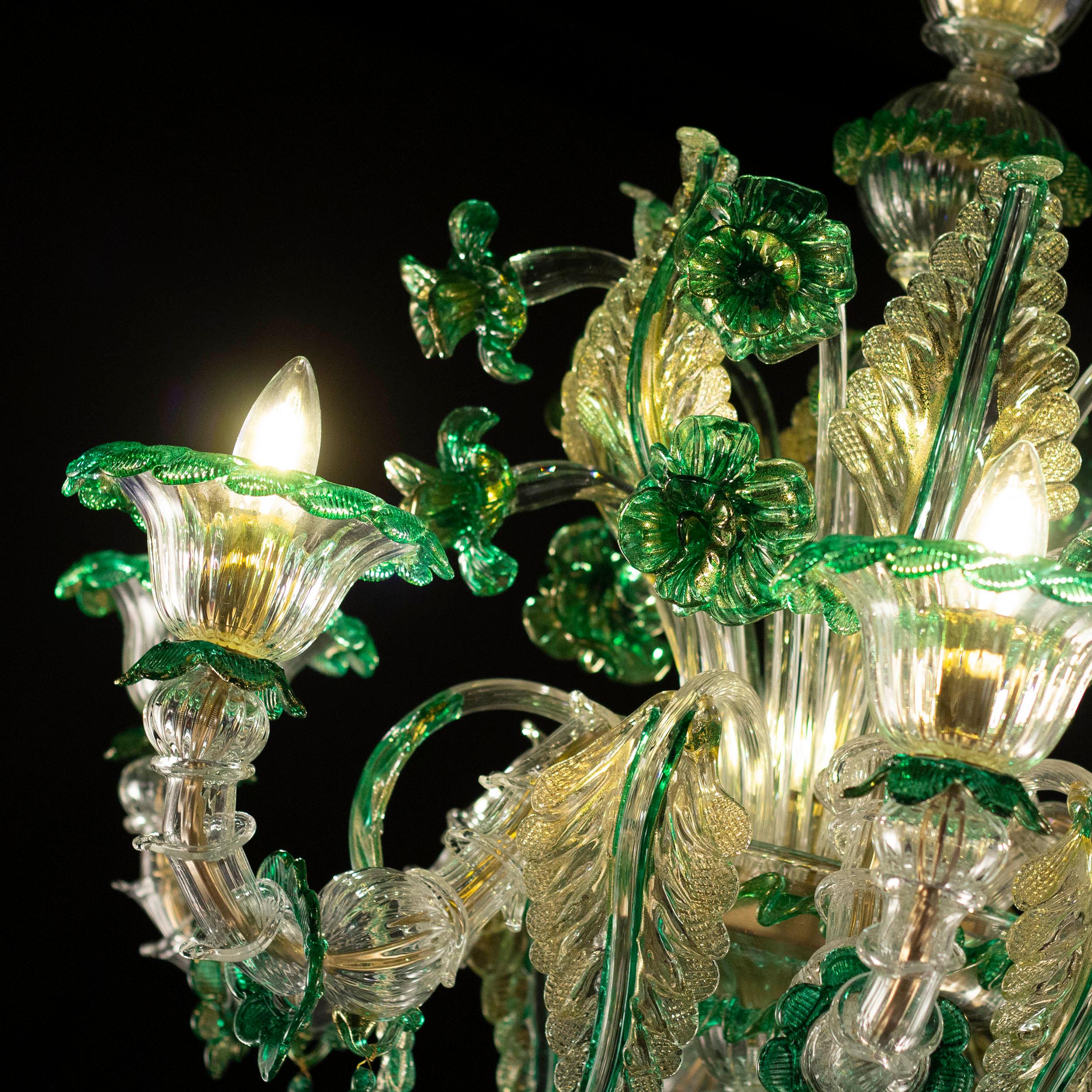 Other Rich Rezzonico Chandelier 6 Arms Murano Clear-Gold-Green Glass by Multiforme For Sale