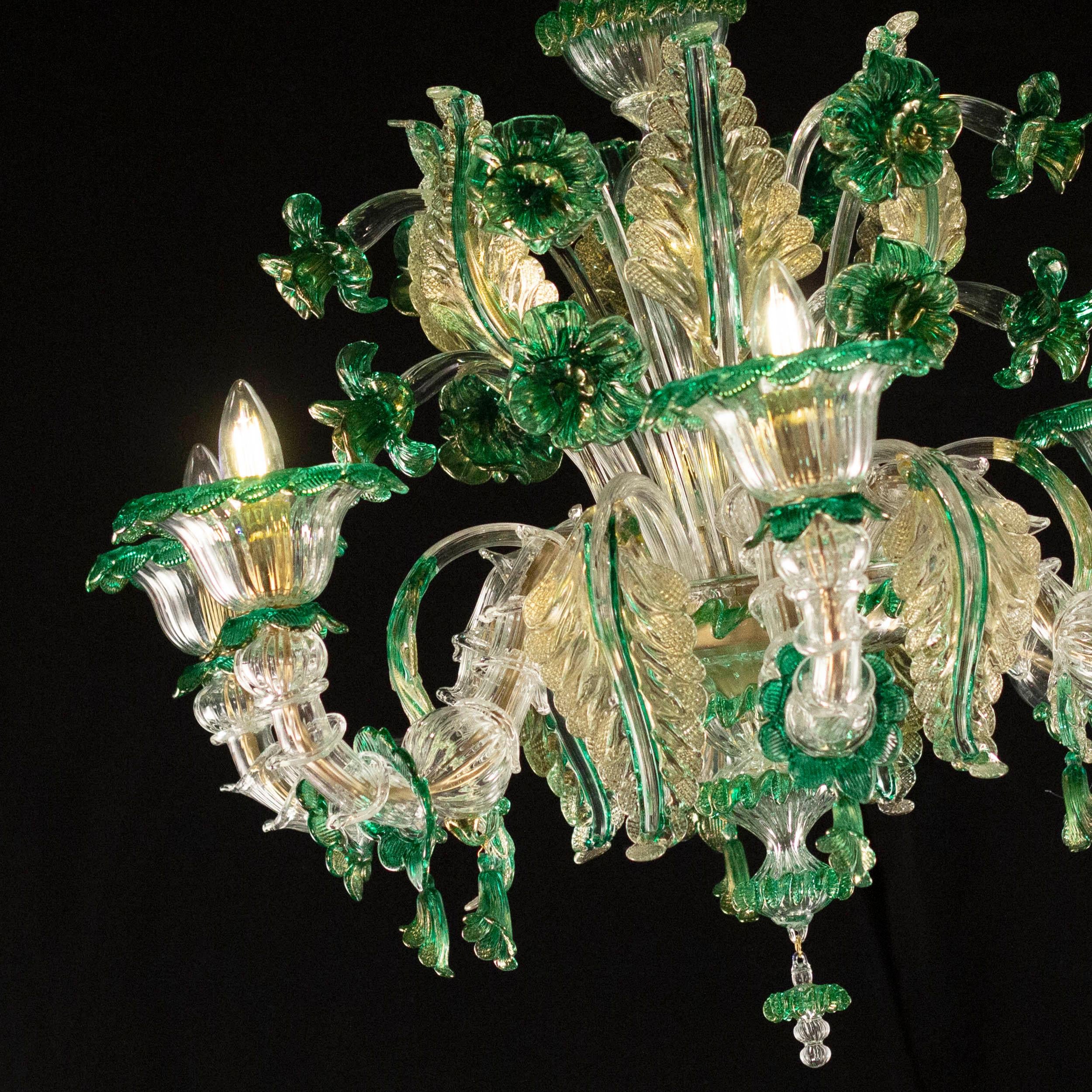 Contemporary Rich Rezzonico Chandelier 6 Arms Murano Clear-Gold-Green Glass by Multiforme For Sale