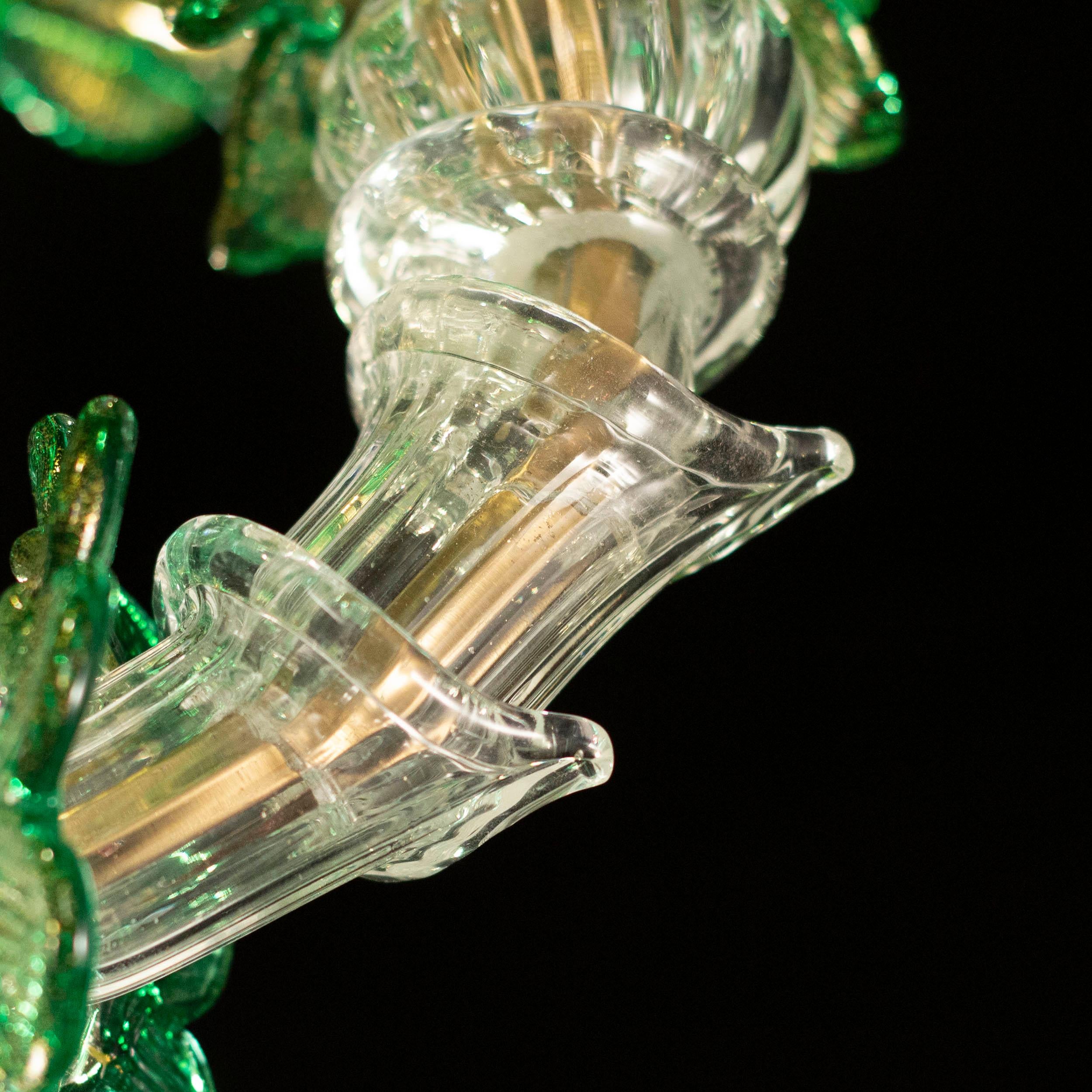 XXIe siècle et contemporain Lustre Rich Rezzonico à 6 bras en verre de Murano transparent, or-vert, par Multiforme en vente