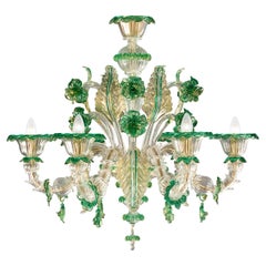 Rich Rezzonico Chandelier 6 Arms Murano Clear-Gold-Green Glass by Multiforme