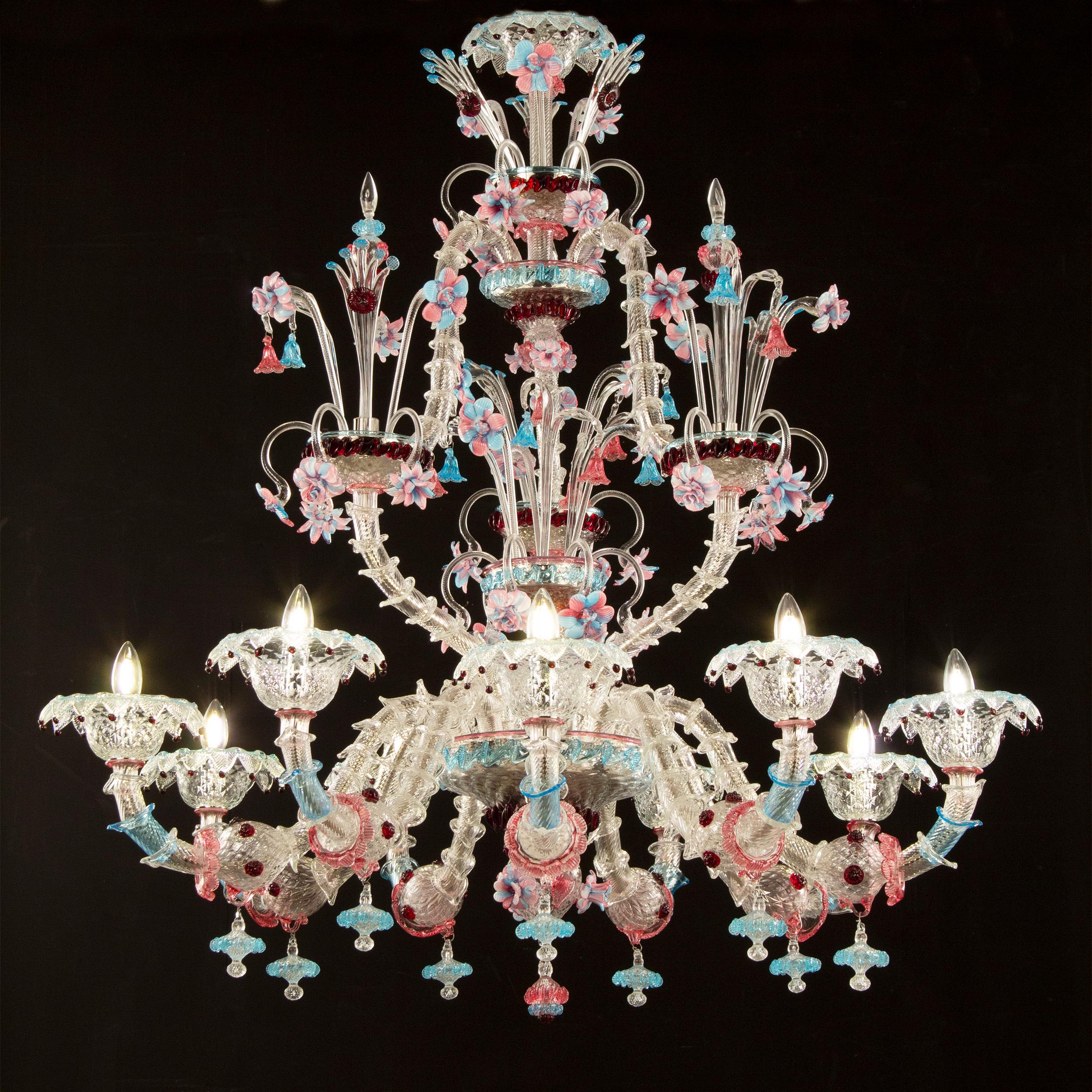 Rich Rezzonico Chandelier 9arms Clear-pink-red-blue Murano Glass by Multiforme For Sale 2