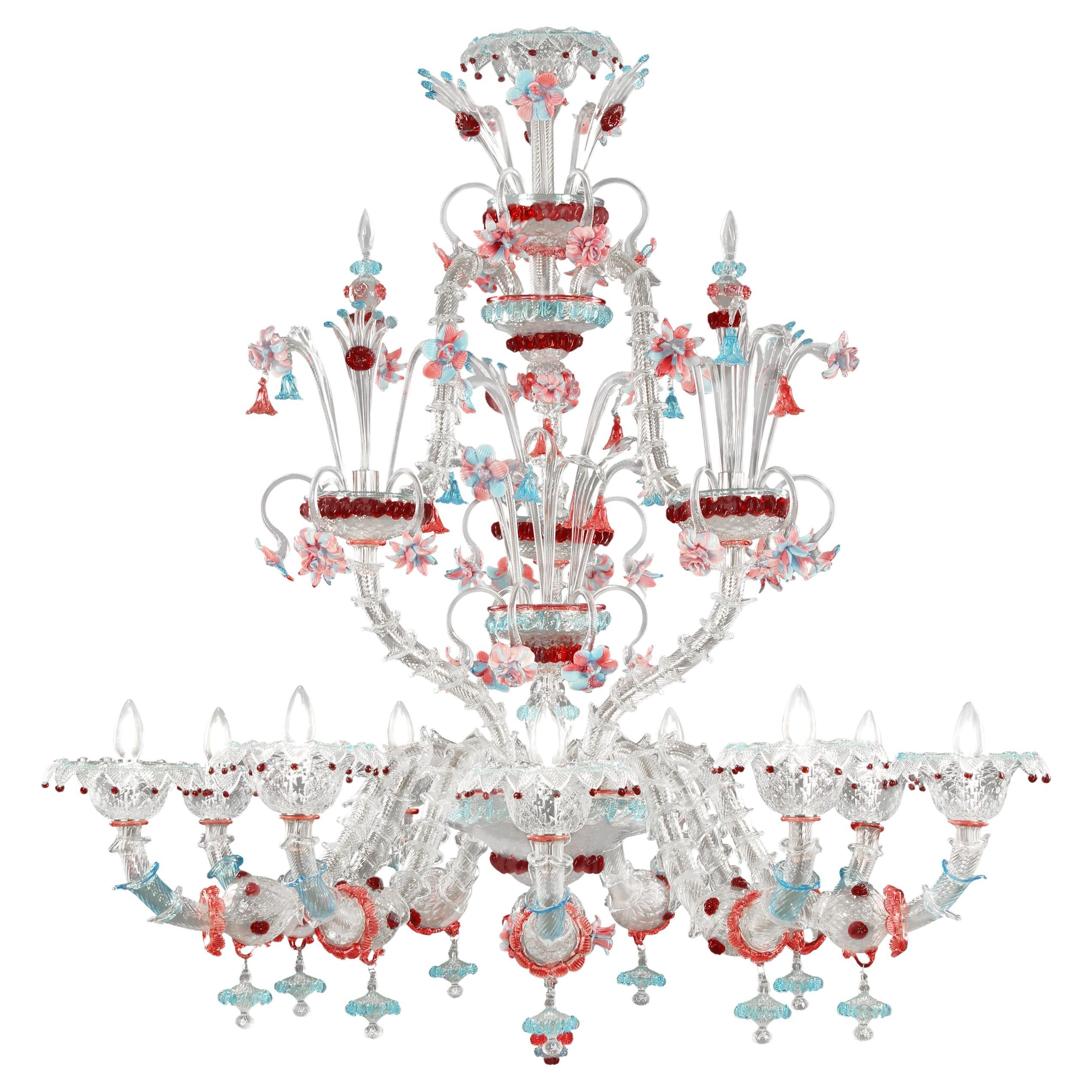 Rich Rezzonico Chandelier 9arms Clear-pink-red-blue Murano Glass by Multiforme For Sale