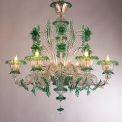 Rich Rezzonico Flower Chandelier 6 Arms Murano Clear-Green Glass by Multiforme