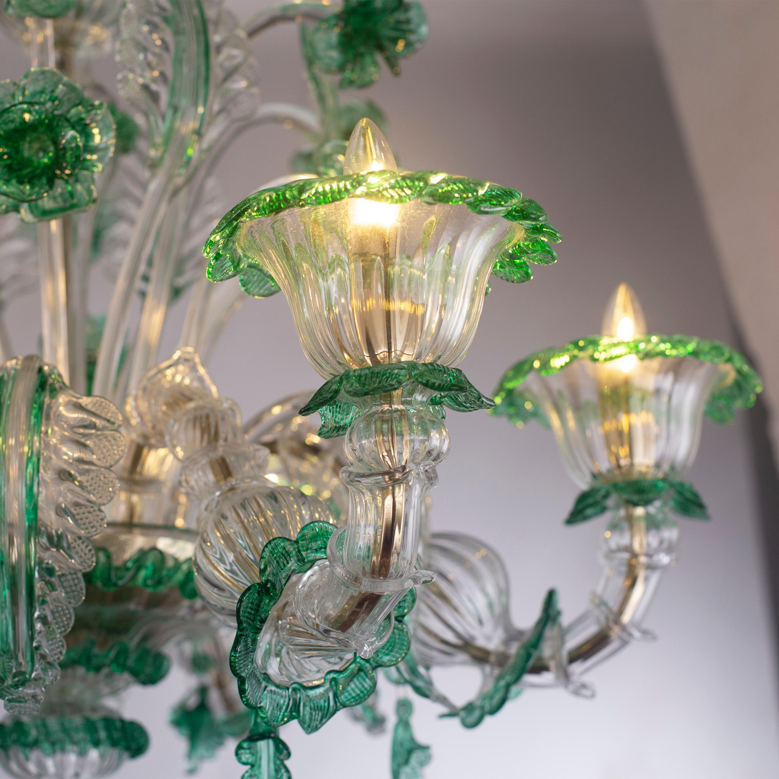 Verre brun Lustre à fleurs Rezzonico à 6 bras en verre de Murano vert clair par Multiforme en vente