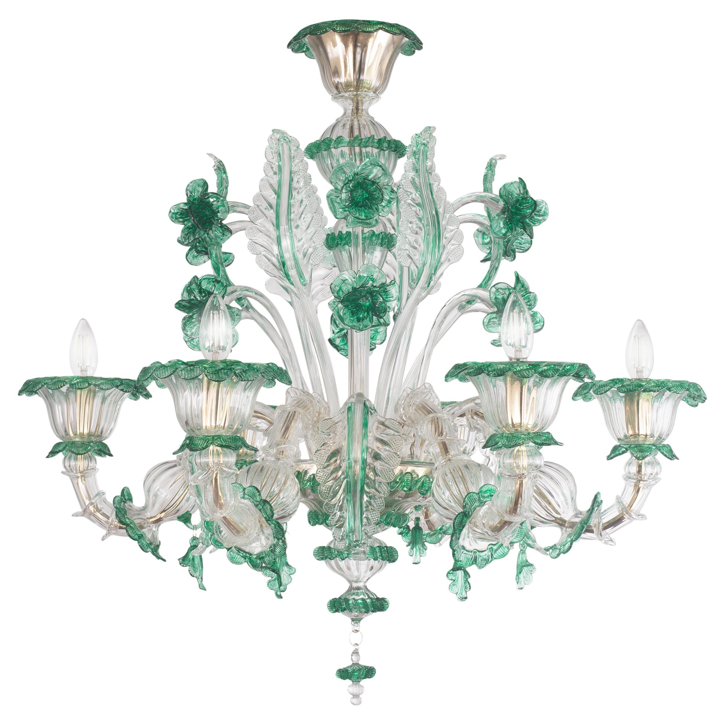 Reichhaltiger Rezzonico Blumenkronleuchter mit 6 Armen aus Murano Glas Klar-Grün von Multiforme