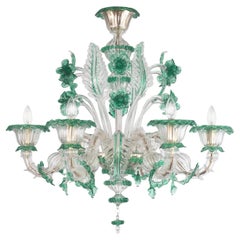 Rich Rezzonico Flower Chandelier 6 Arms Murano Clear-Green Glass by Multiforme