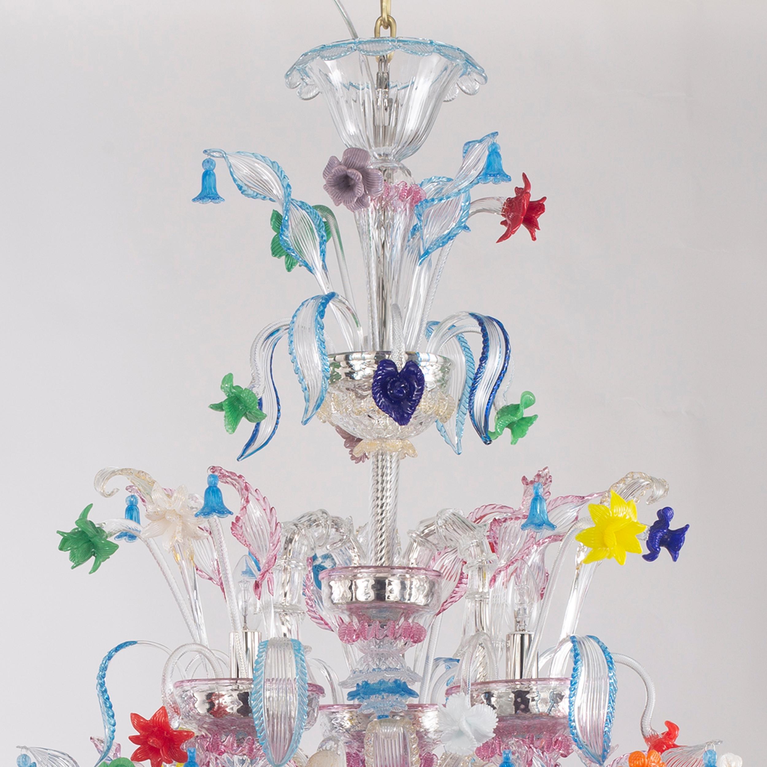 Ricco lampadario veneziano Rezzonico a 15 bracci in vetro di Murano multicolore di Multiforme in vendita 1