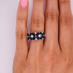 Floral Royal Blue Sapphire & Diamond 8mm Wide Band 14K White Gold, LR52407
