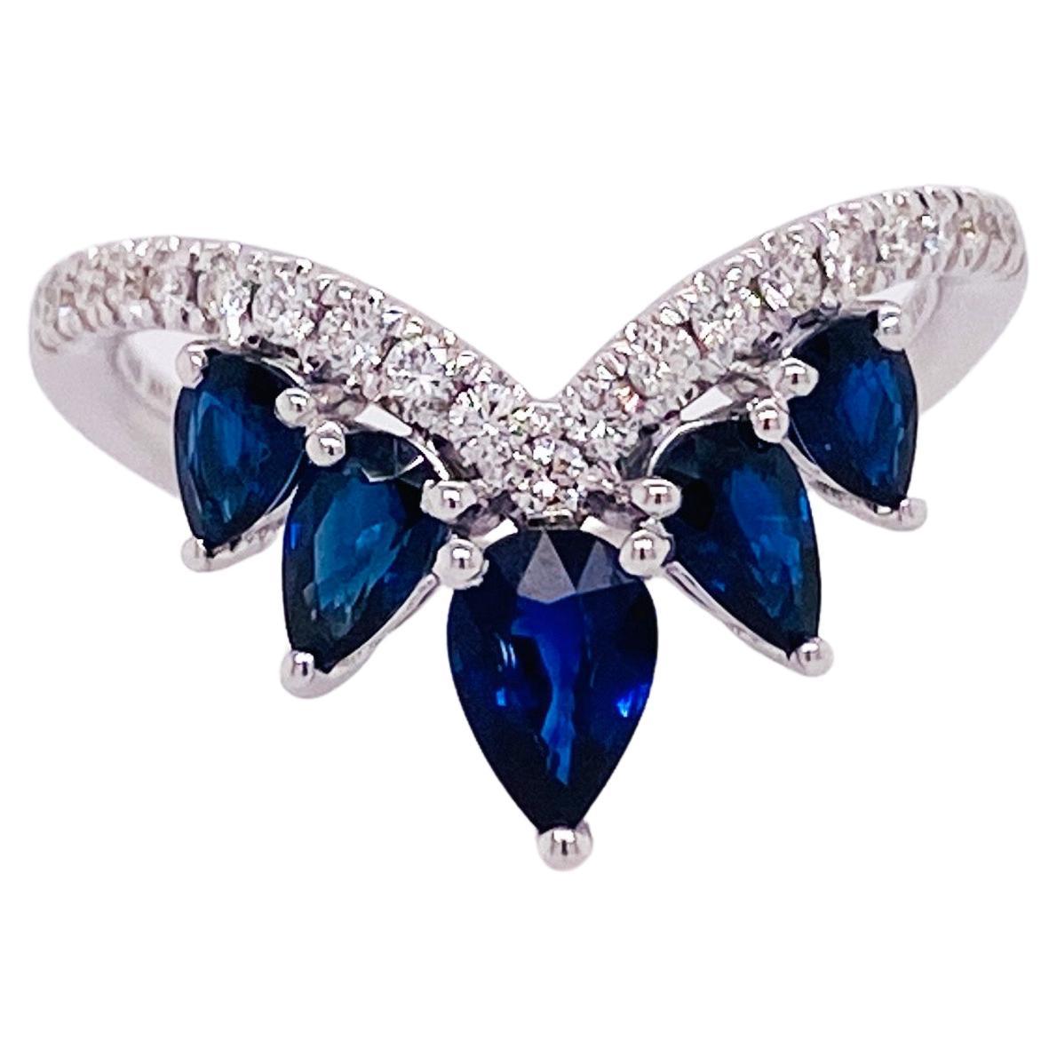 Rich Royal Blue Sapphire & Diamond Chevron Crown Tiara Ring 14KW LR52404W45SA LV