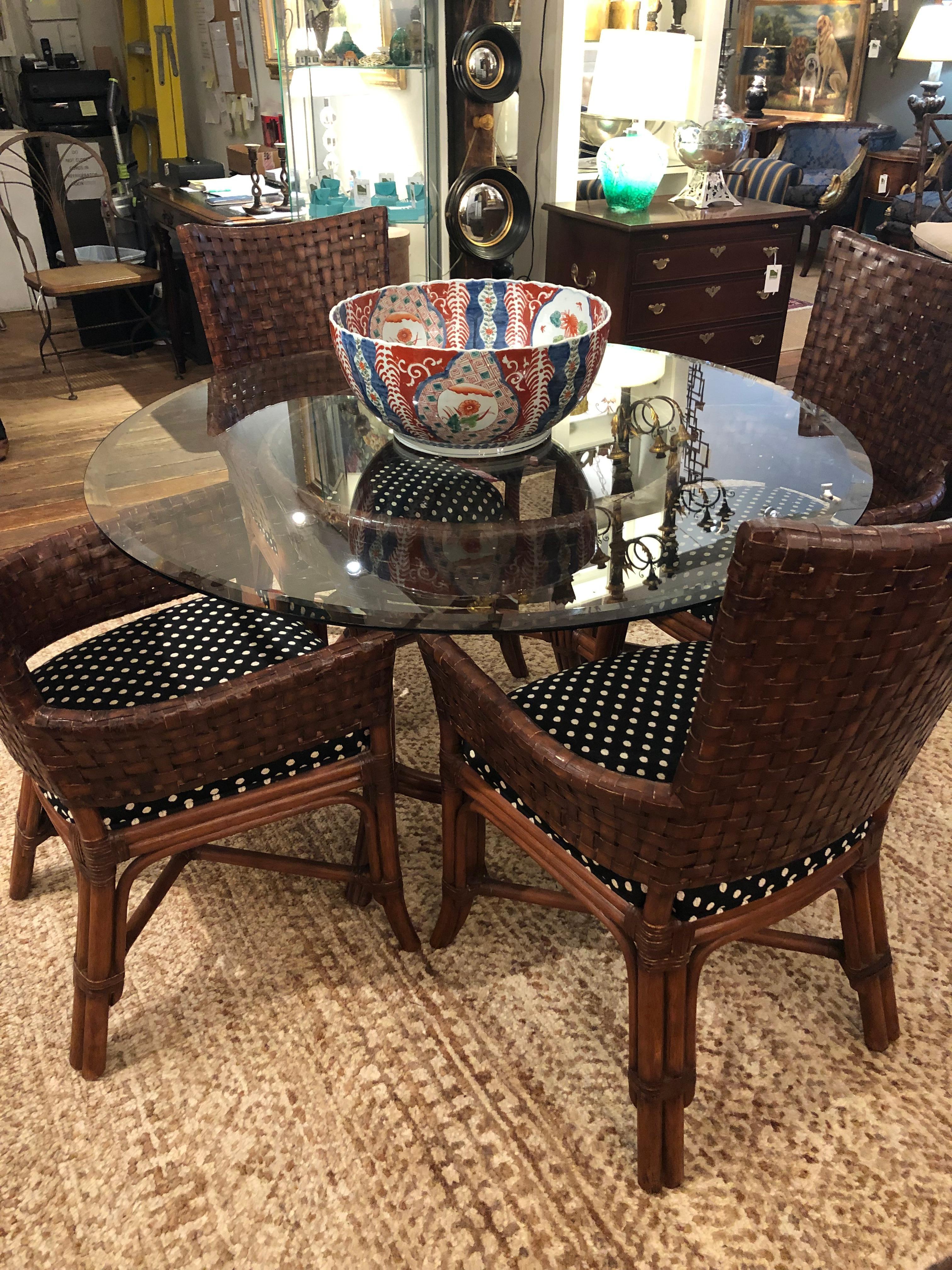 Rich Set of McGuire Round Bamboo Rattan Glass Dining Table & 4 Chairs 10