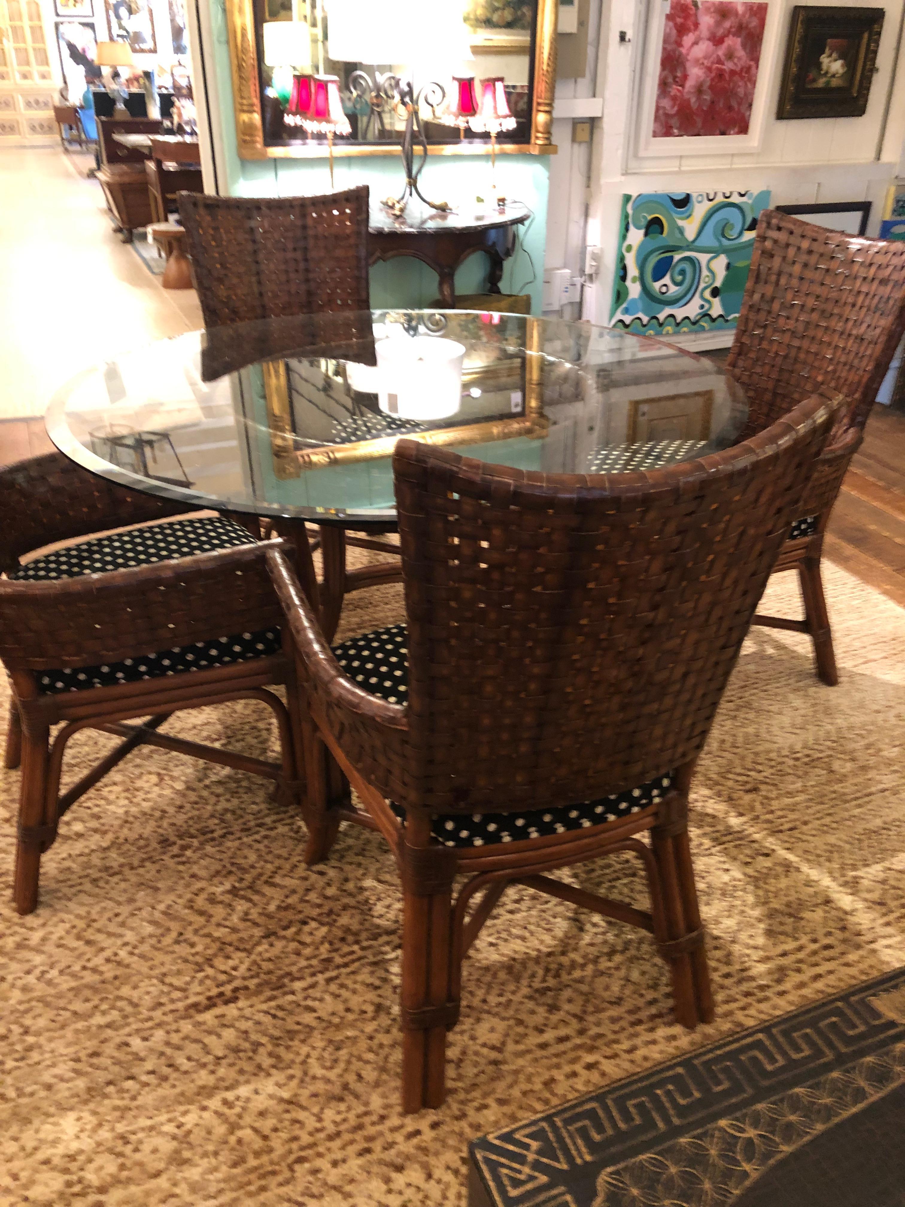 Rich Set of McGuire Round Bamboo Rattan Glass Dining Table & 4 Chairs 11