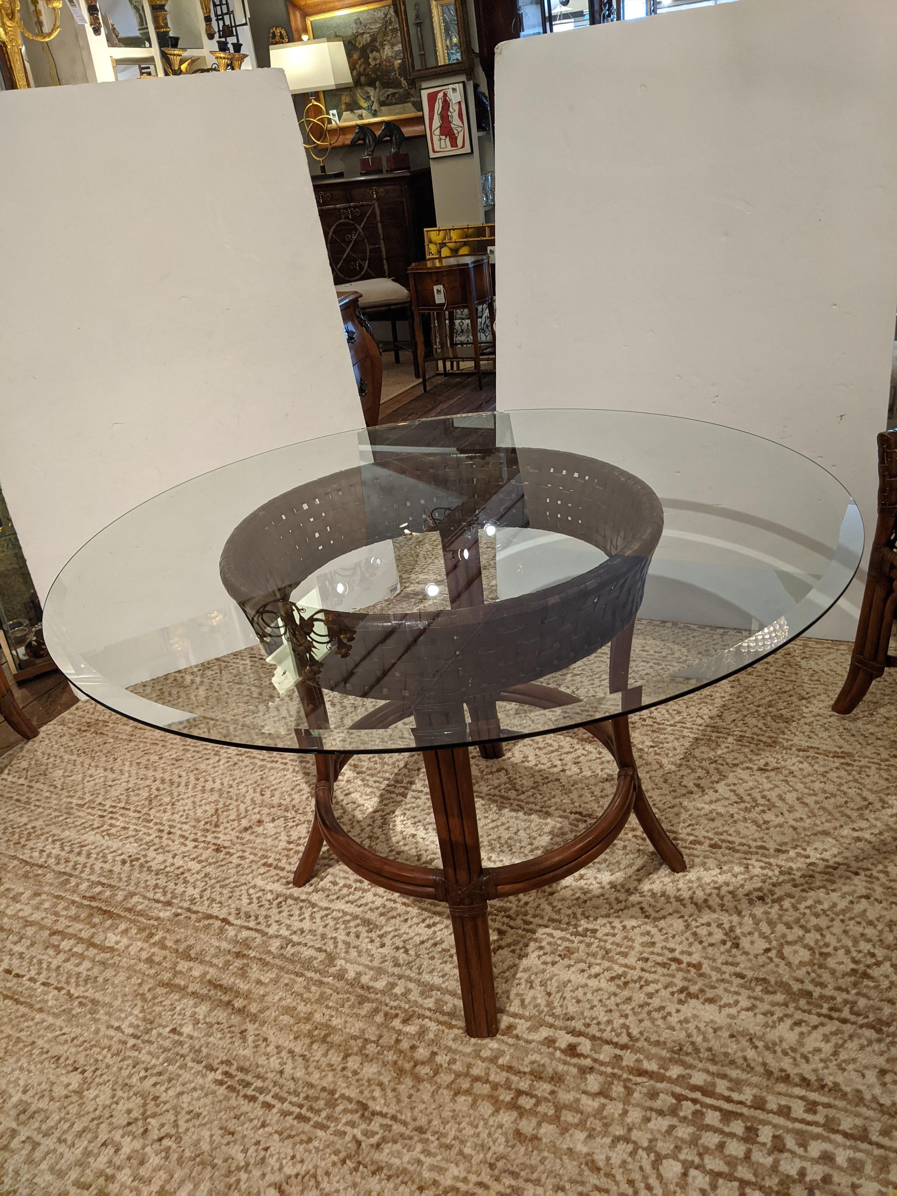 Leather Rich Set of McGuire Round Bamboo Rattan Glass Dining Table & 4 Chairs