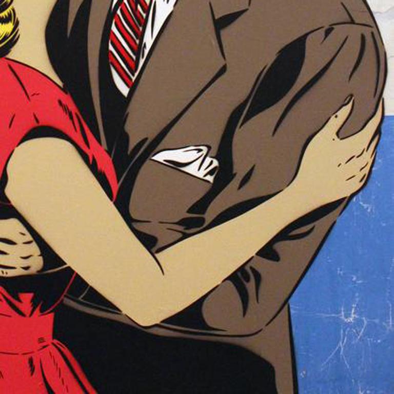 Iron Man, dressed in a work suit, holds up a blonde woman. Red, Blue, Grey, Yellow. Stripy tie.  Rich Simmons is a Contemporary Urban Pop Artist from London who uses stencils and has exhibited all over the world. Raising to fame with an iconic piece