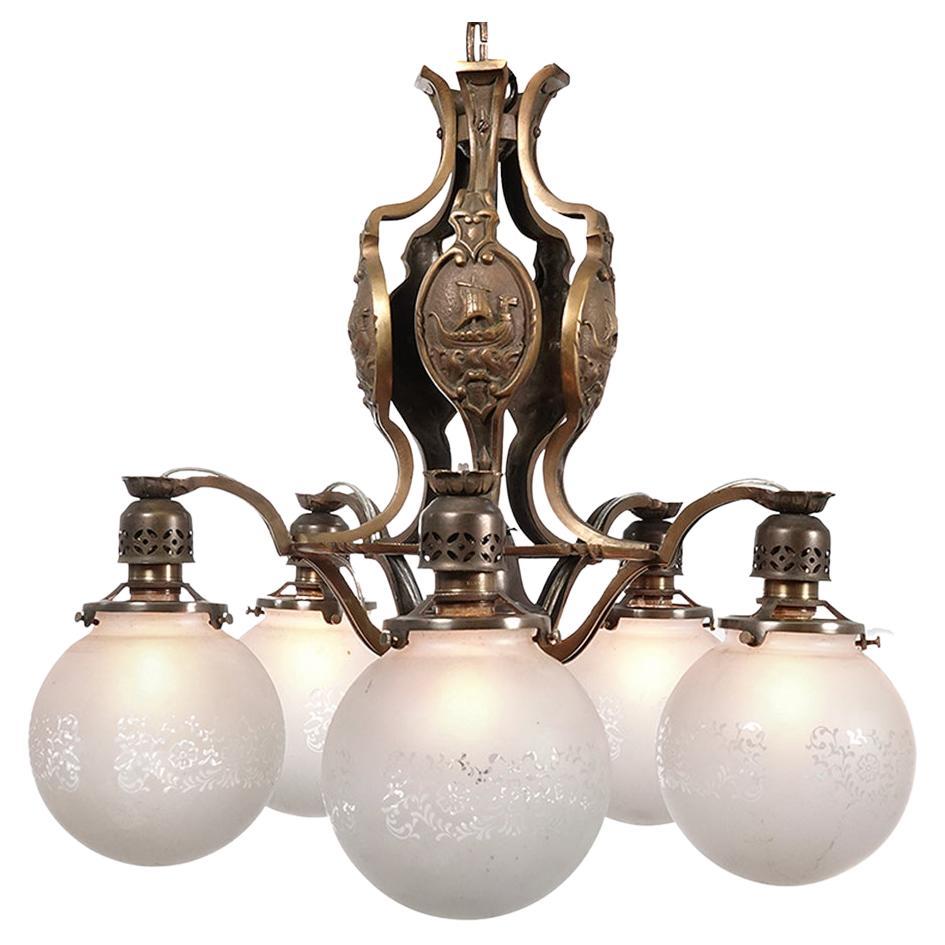 Rich Victorian Bronze and Etched Glass Chandelier at 1stDibs