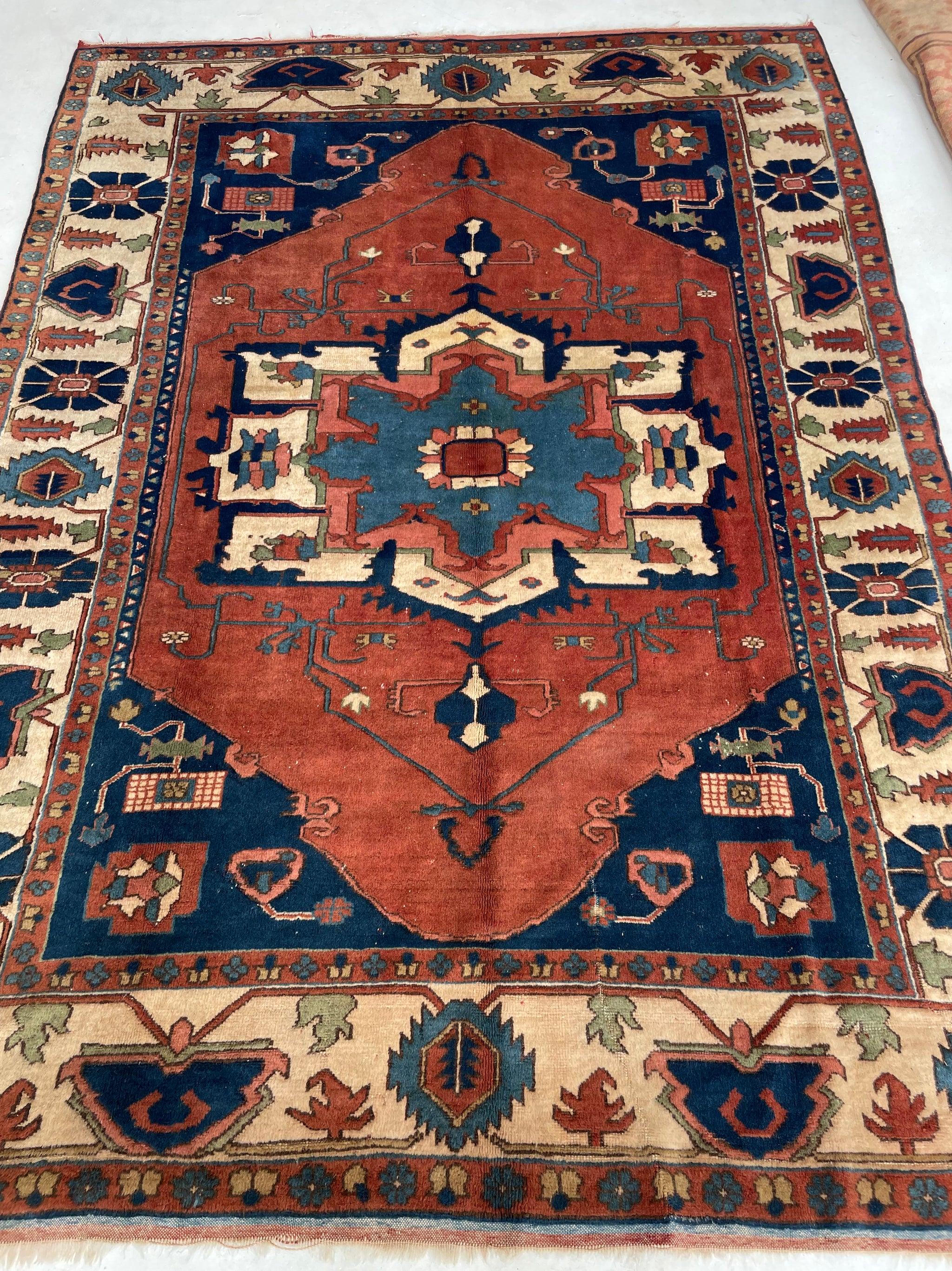 Rich Vintage Turkish SERAPI Design  Rusty Terracotta, Army Green, Sky Blue & More

Size:   7.3 x 10
Age: Vintage, C. 1950's
Pile: Lovely Wool pile, soft and strong 

This rug is one-of-a-kind, only one in the world, no others are available.

Because