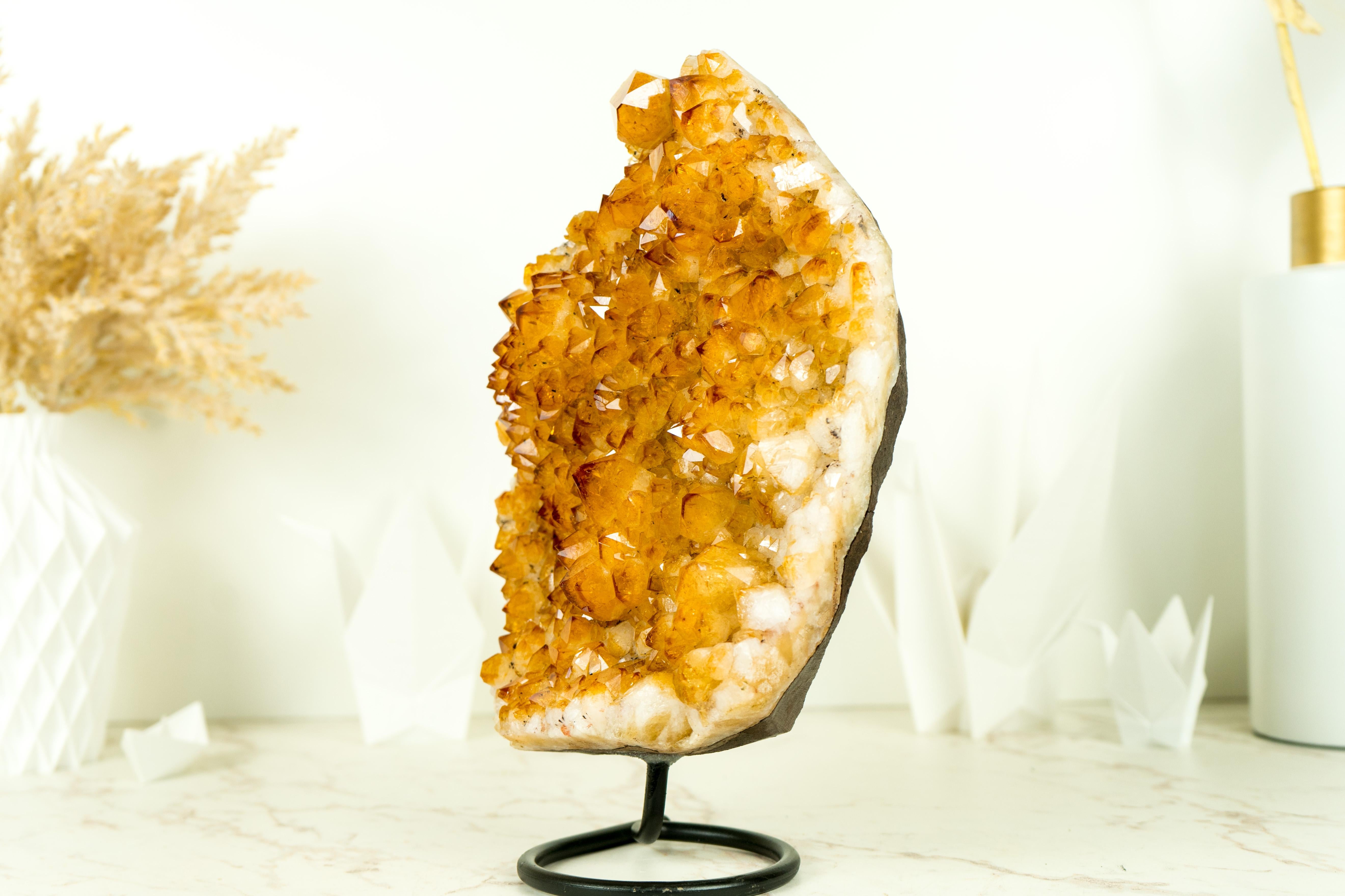 Rich Yellow Citrine Cluster with Rosette Flowers Druzy on Stand for Decor 4