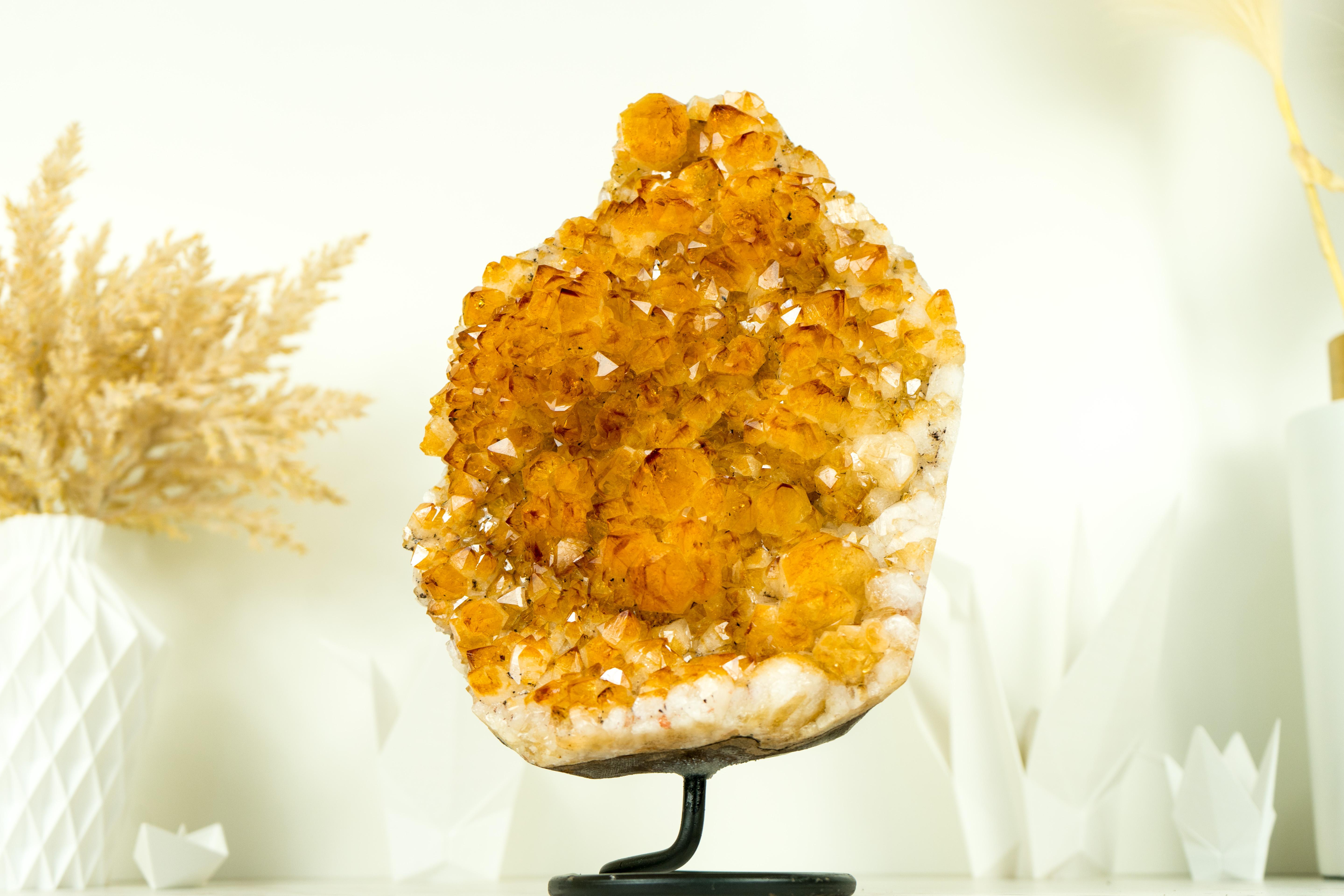 Brazilian Rich Yellow Citrine Cluster with Rosette Flowers Druzy on Stand for Decor