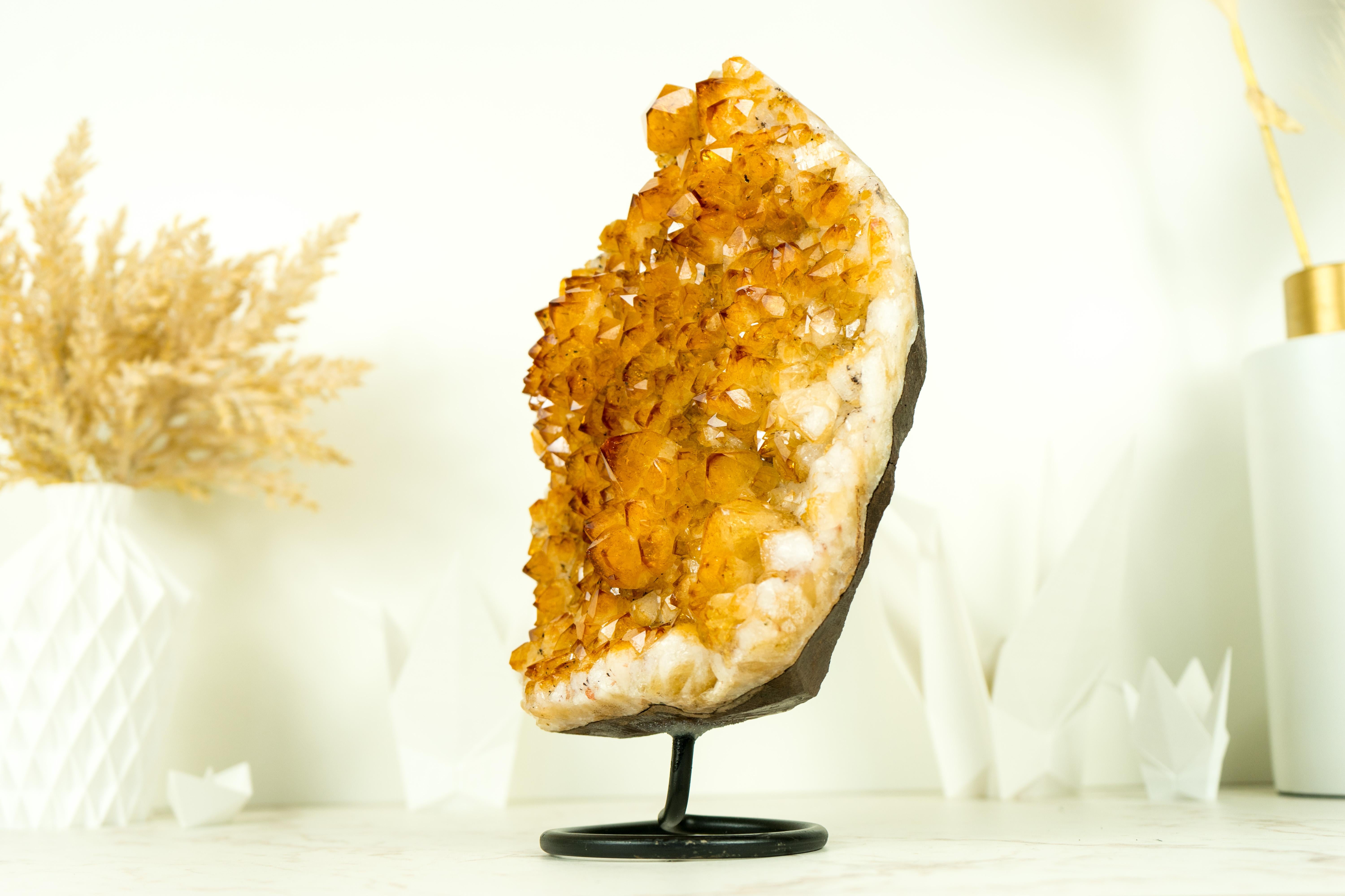 Rich Yellow Citrine Cluster with Rosette Flowers Druzy on Stand for Decor 2