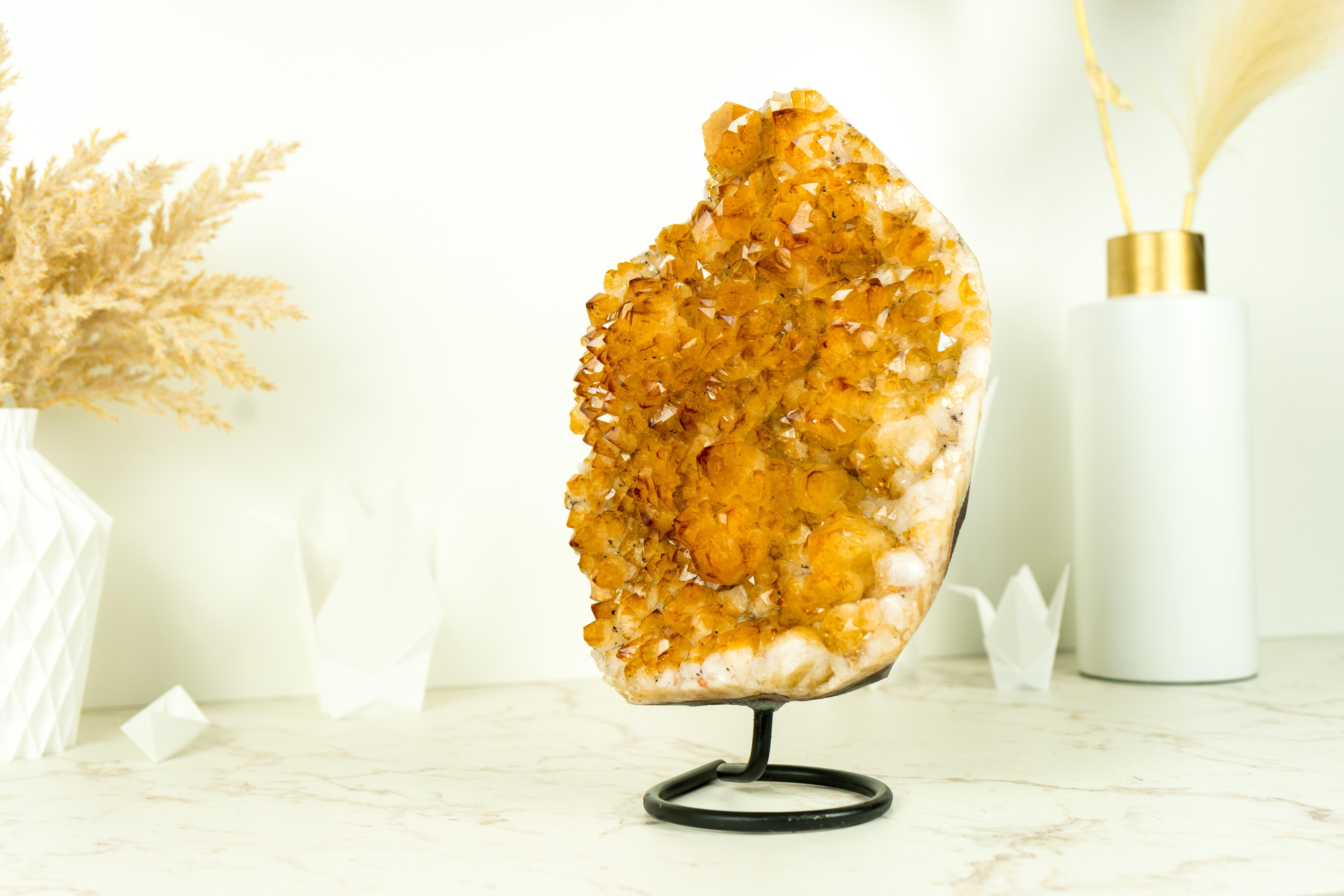 Rich Yellow Citrine Cluster with Rosette Flowers Druzy on Stand for Decor 3