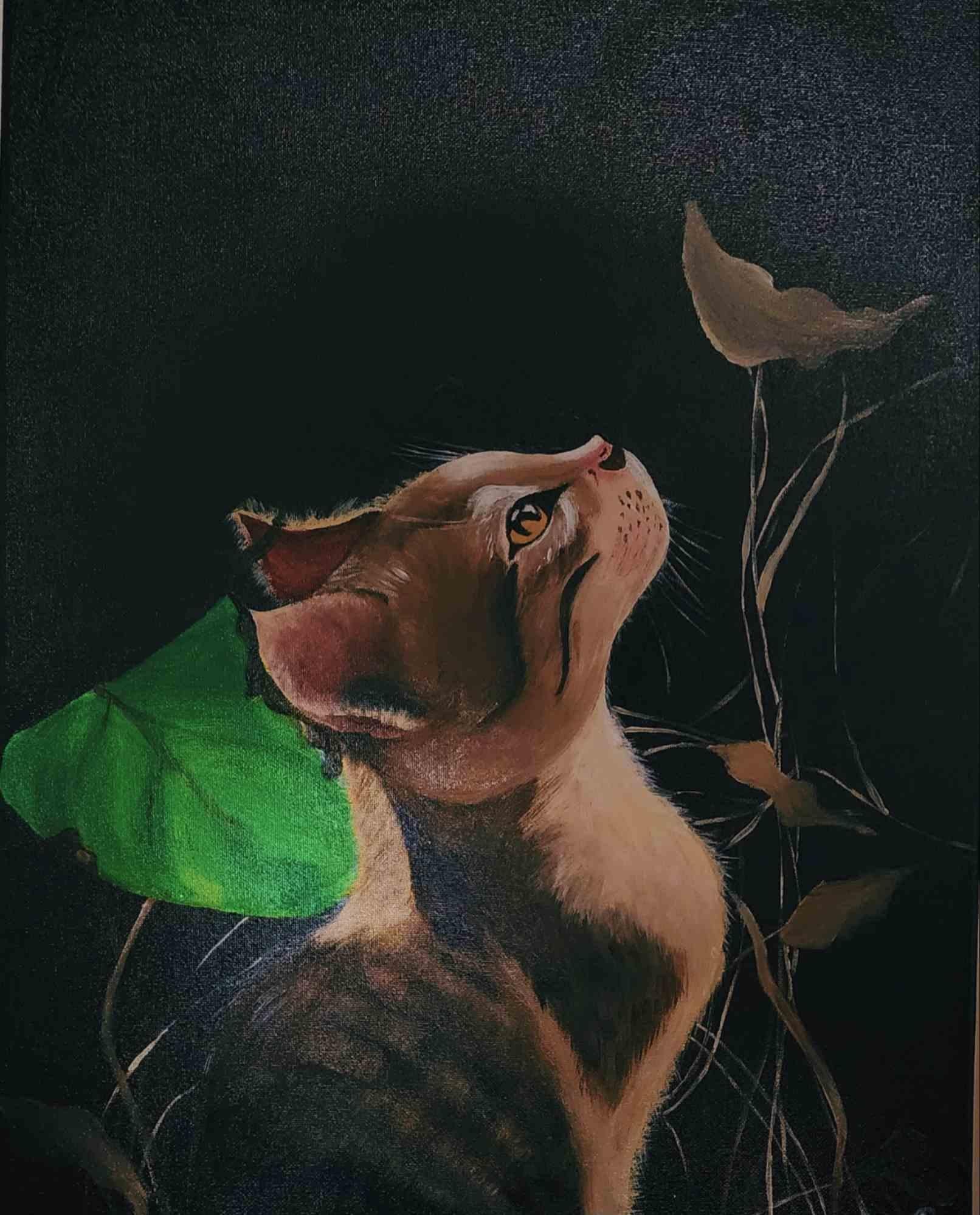 Original painting depicting a Cat looking towards light. 