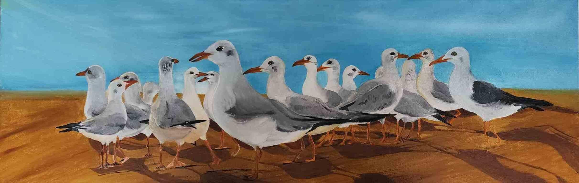 This painting is about Gulls also known as Seagulls. They belongs to the seabird family Laridae. 
Most gull species are migratory, with birds moving to warmer habitats during the winter. 
Eccellenti condition.