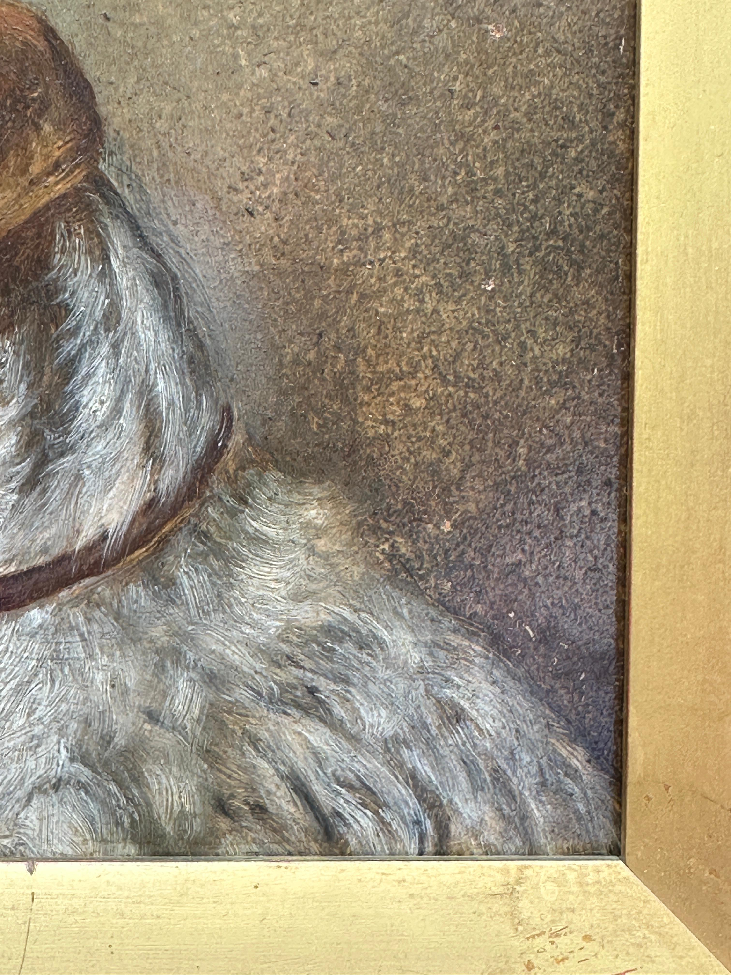 Attribué à Richard Aistrop (britannique, actif 1880-1910)

Portrait d'un Jack Russell Terrier à poil dur
Huile sur carton, vers 1890
Dans son cadre doré d'origine

Ce portrait victorien finement rendu d'un terrier Jack Russell à poil dur illustre la