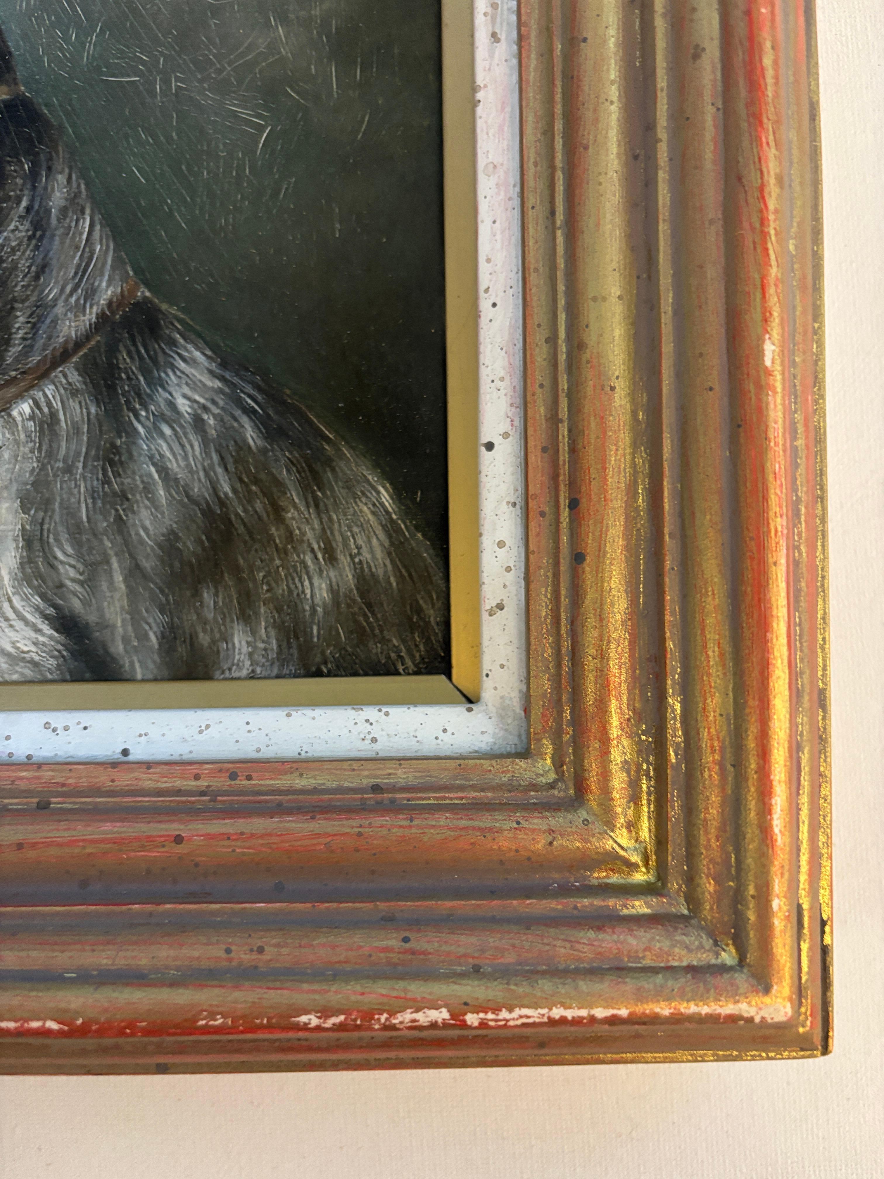 Ce portrait de chien finement observé, attribué à Richard Aistrop, capture l'intelligence alerte et le caractère d'un Jack Russell Terrier. Représenté de profil sur un fond sombre, le terrier est dépeint avec une attention méticuleuse à son pelage
