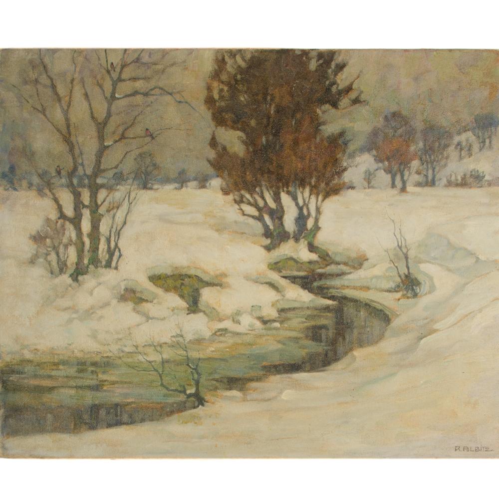 Snowy Creek, creek with snow and trees
 - signed lower right
 - Unframed.