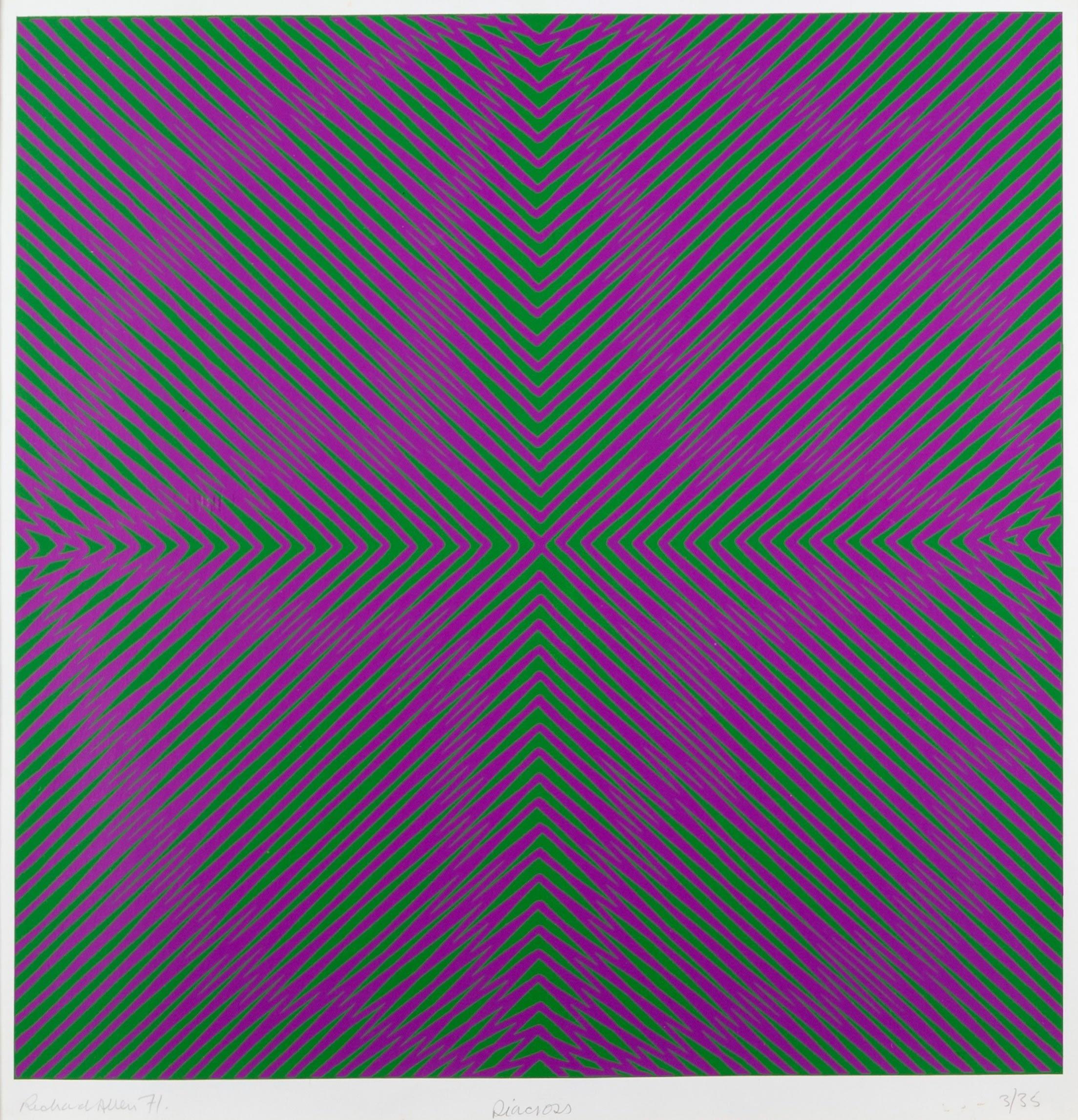 Diacross (Purple and Green) by Richard Allen, 1971

Additional information:
Medium: screenprint
58 x 56 cm
22 7/8 x 22 1/8 in
signed, dated and numbered 3/35 in pencil

Richard Allen was an Abstract artist of the 20th century who worked across