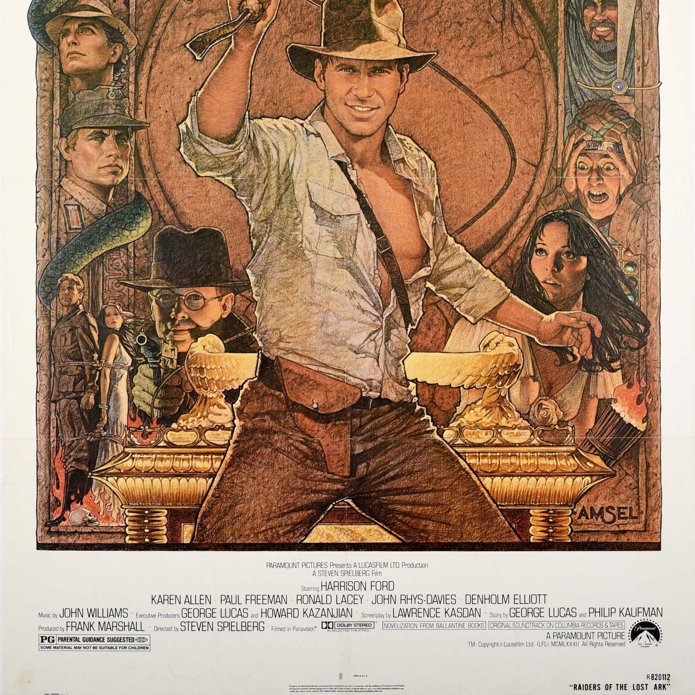 Original vintage movie poster for the re-release of one of the highest grossing films ever made Raiders of the Lost Ark starring Harrison Ford as the adventurous archaeologist Indiana Jones with Karen Allen as Marion, Paul Freeman, Ronald Lacey,