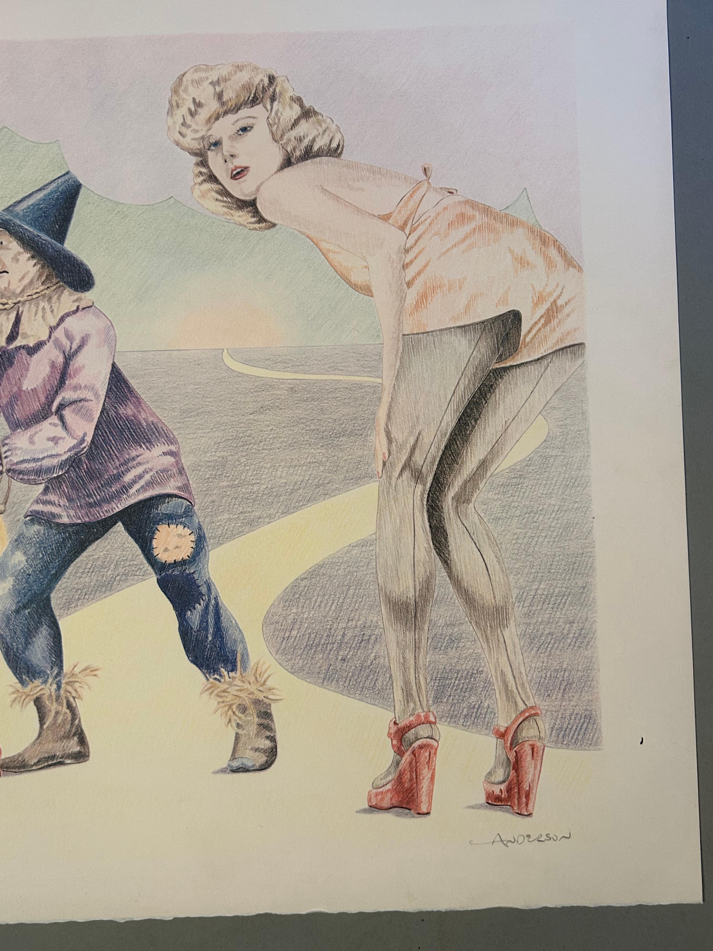 A whimsical pop art lithograph by Robert Anderson, depicting characters from The Wizard of Oz alongside a modern figure. 
Robert Anderson is known for his unique pop art interpretations of classic stories and figures. This piece reimagines the
