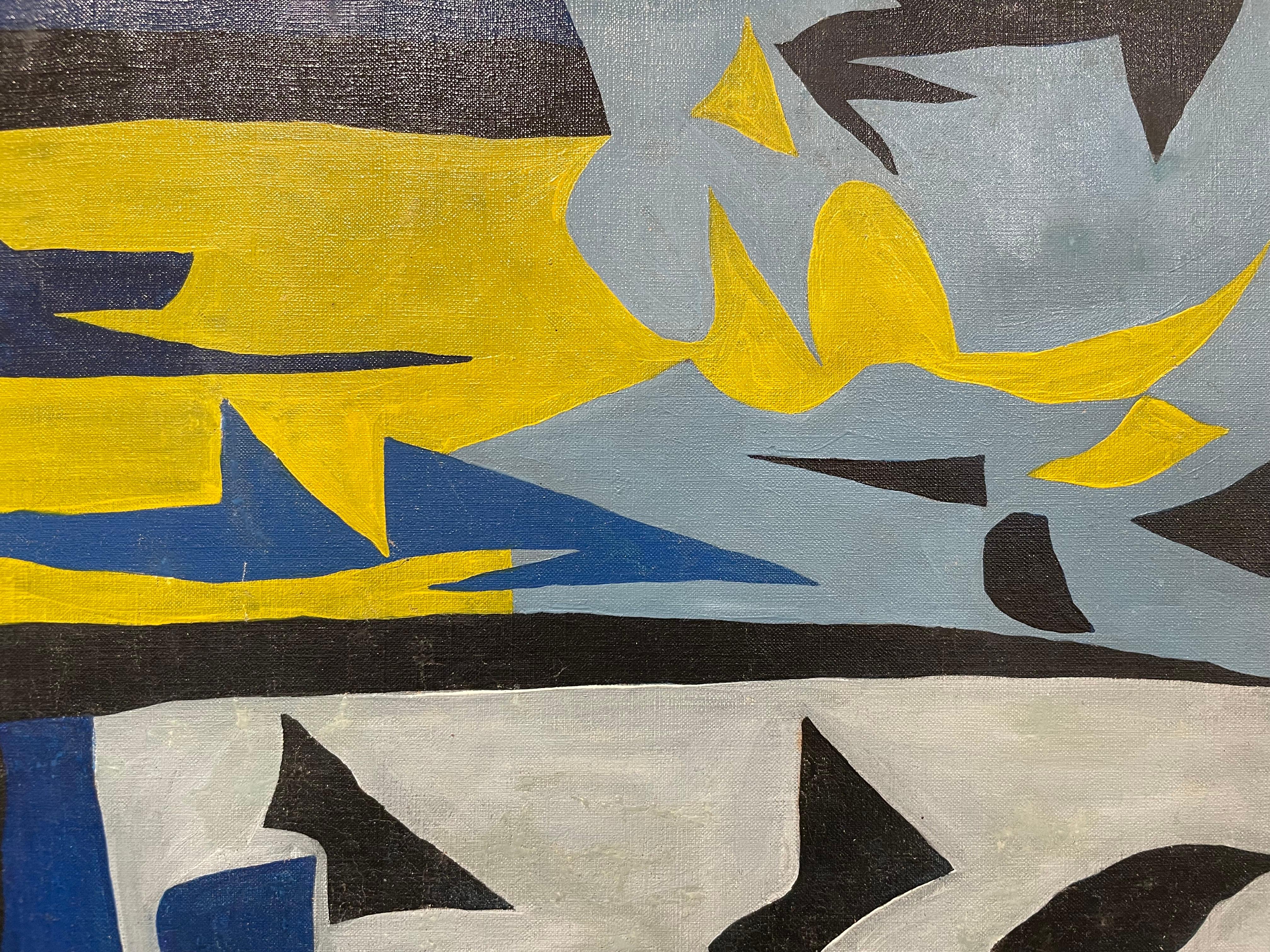 Abstraktes geometrisches abstraktes expressionistisches Gemälde aus der Mitte des Jahrhunderts in Blau, Schwarz und Grün im Angebot 7