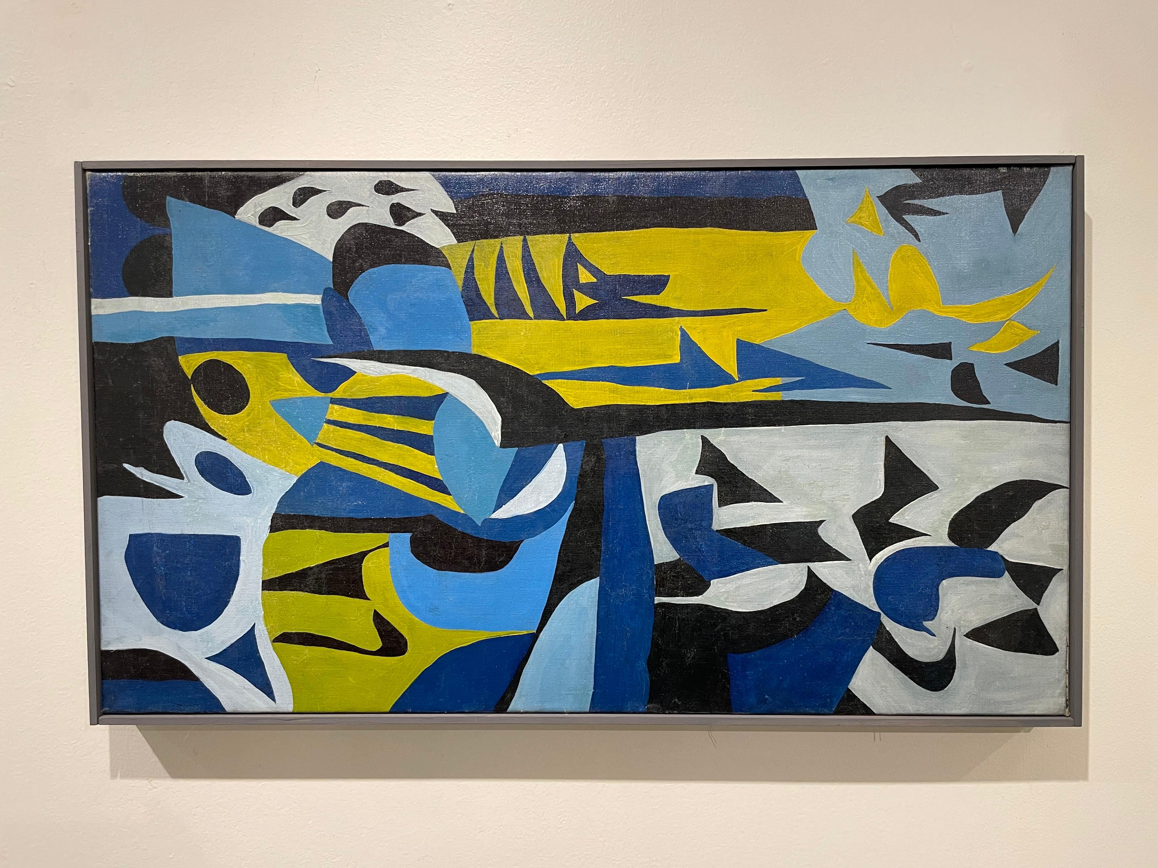 Abstraktes geometrisches abstraktes expressionistisches Gemälde aus der Mitte des Jahrhunderts in Blau, Schwarz und Grün im Angebot 1