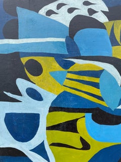 Abstract expressionist blue, black & green mid-century geometric painting