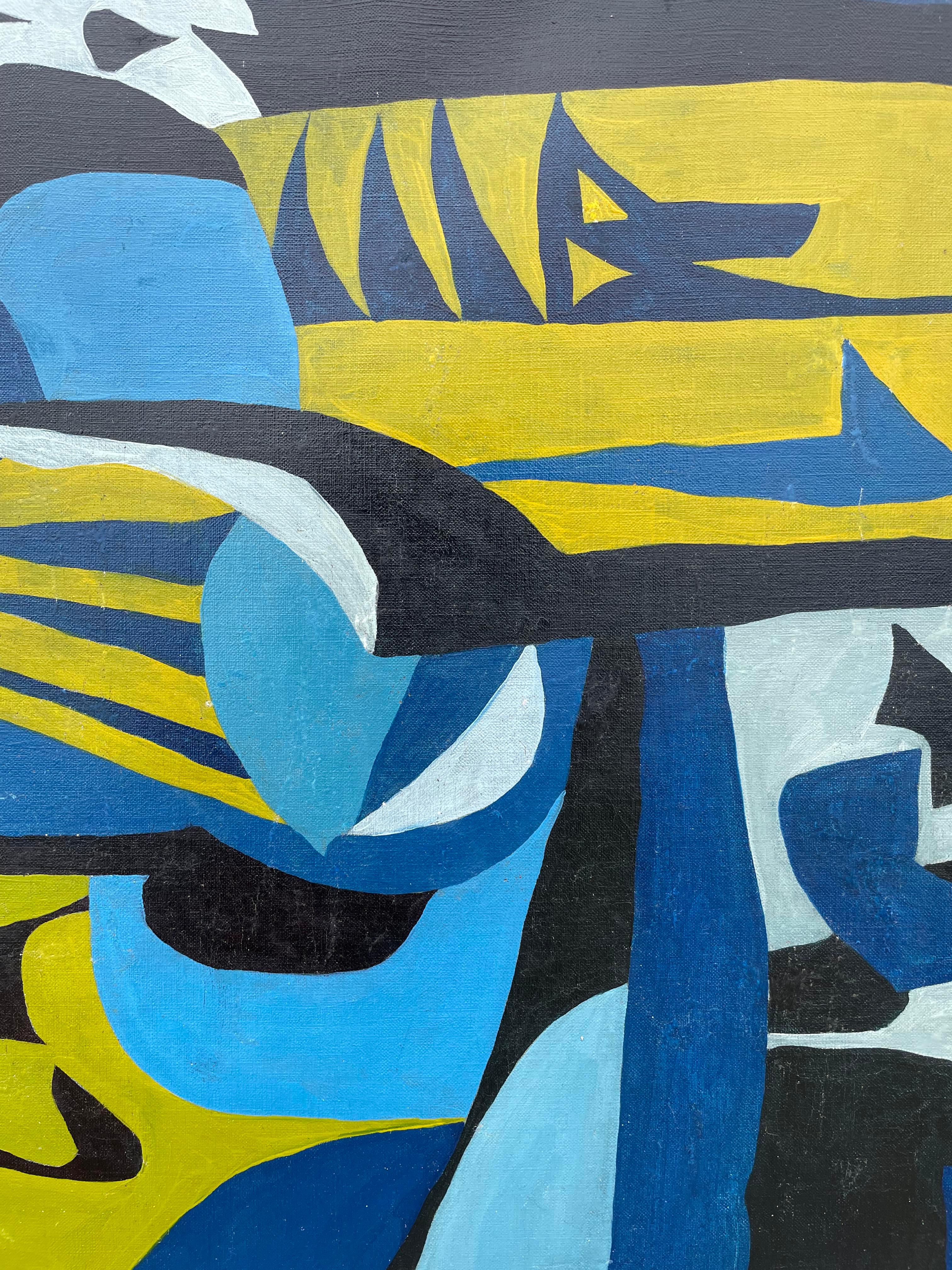 Abstraktes geometrisches abstraktes expressionistisches Gemälde aus der Mitte des Jahrhunderts in Blau, Schwarz und Grün (Abstrakter Expressionismus), Painting, von Richard Andres