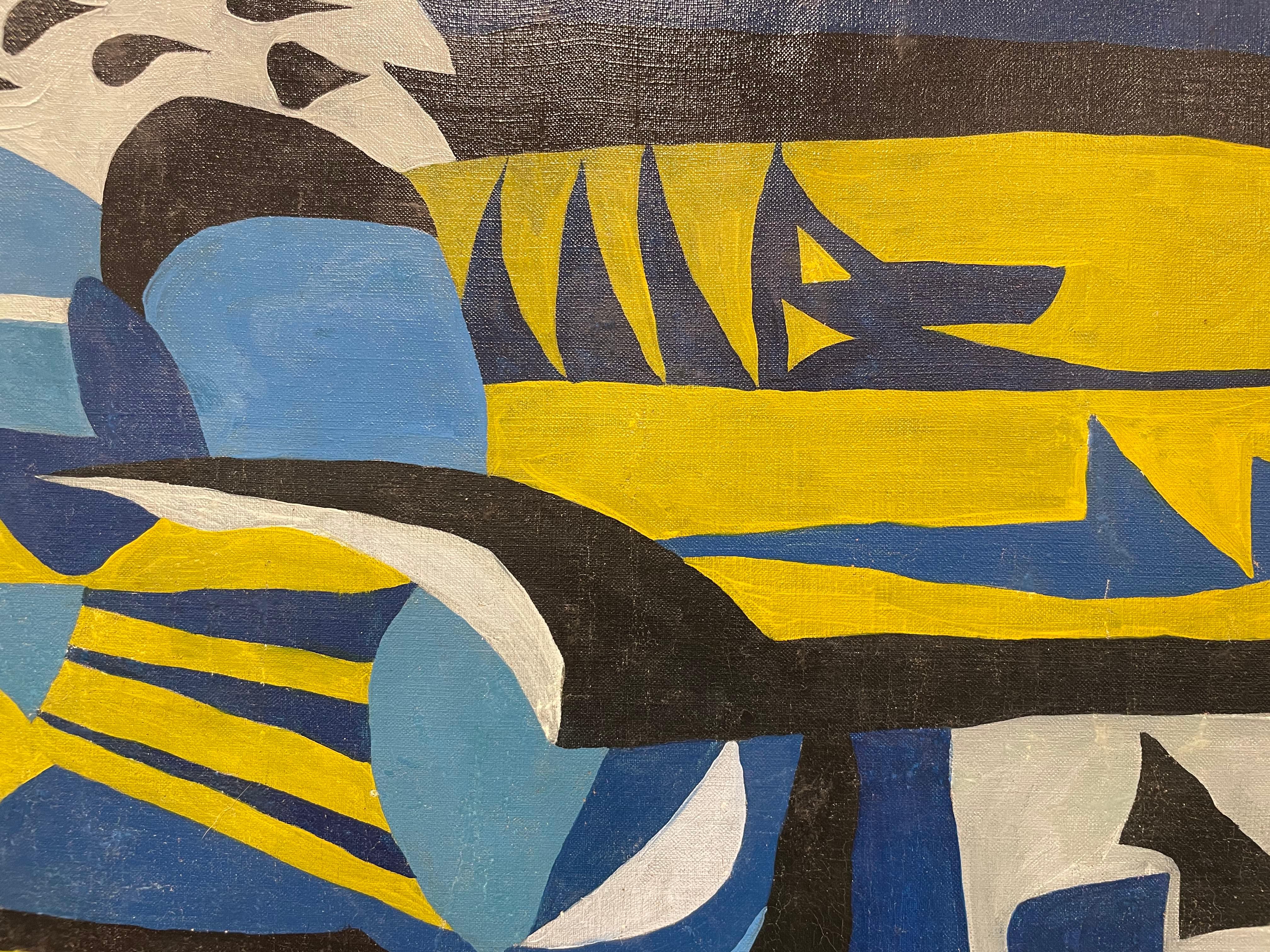 Abstraktes geometrisches abstraktes expressionistisches Gemälde aus der Mitte des Jahrhunderts in Blau, Schwarz und Grün im Angebot 2