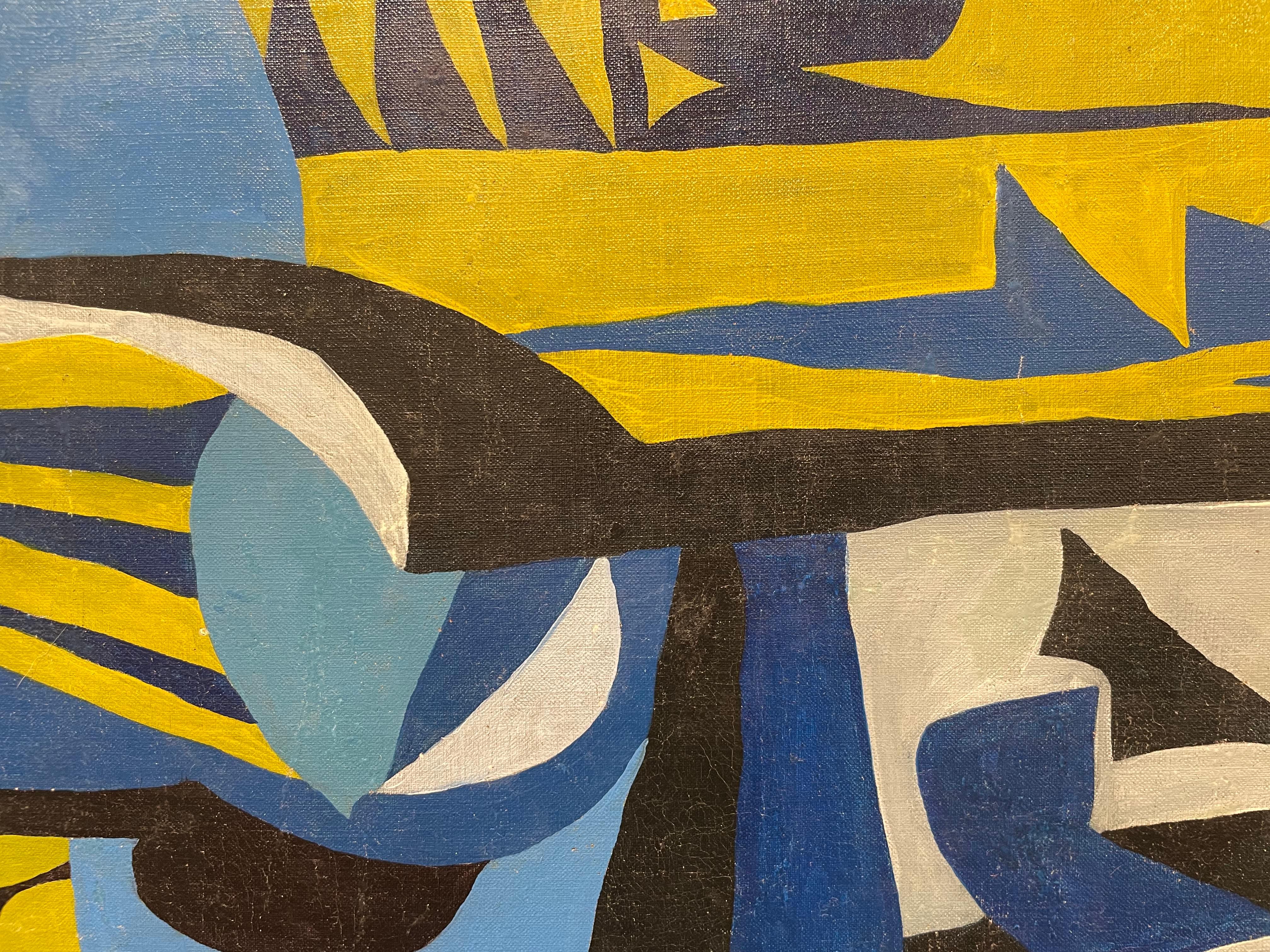 Abstraktes geometrisches abstraktes expressionistisches Gemälde aus der Mitte des Jahrhunderts in Blau, Schwarz und Grün im Angebot 3