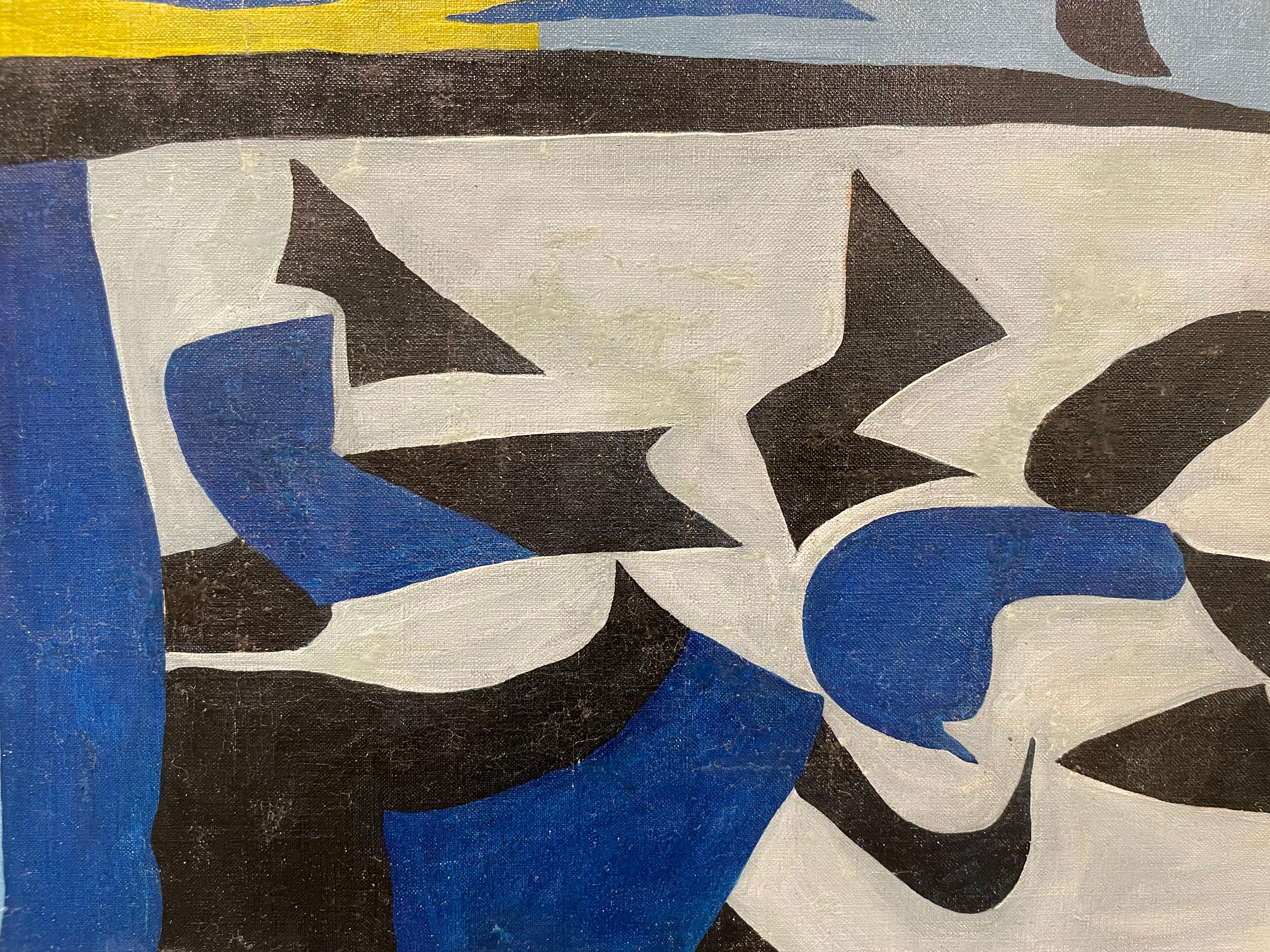 Abstraktes geometrisches abstraktes expressionistisches Gemälde aus der Mitte des Jahrhunderts in Blau, Schwarz und Grün im Angebot 4