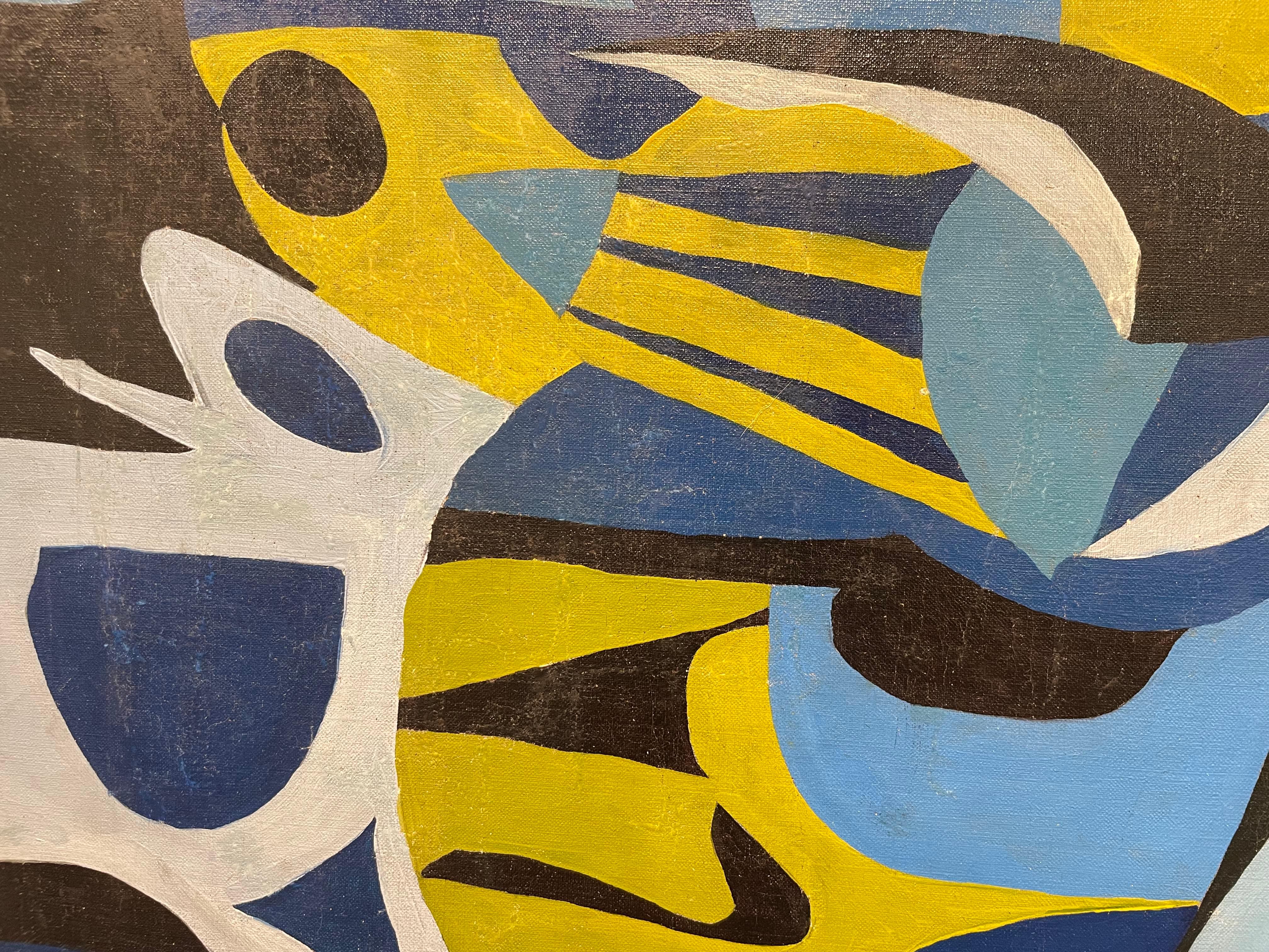 Abstraktes geometrisches abstraktes expressionistisches Gemälde aus der Mitte des Jahrhunderts in Blau, Schwarz und Grün im Angebot 5