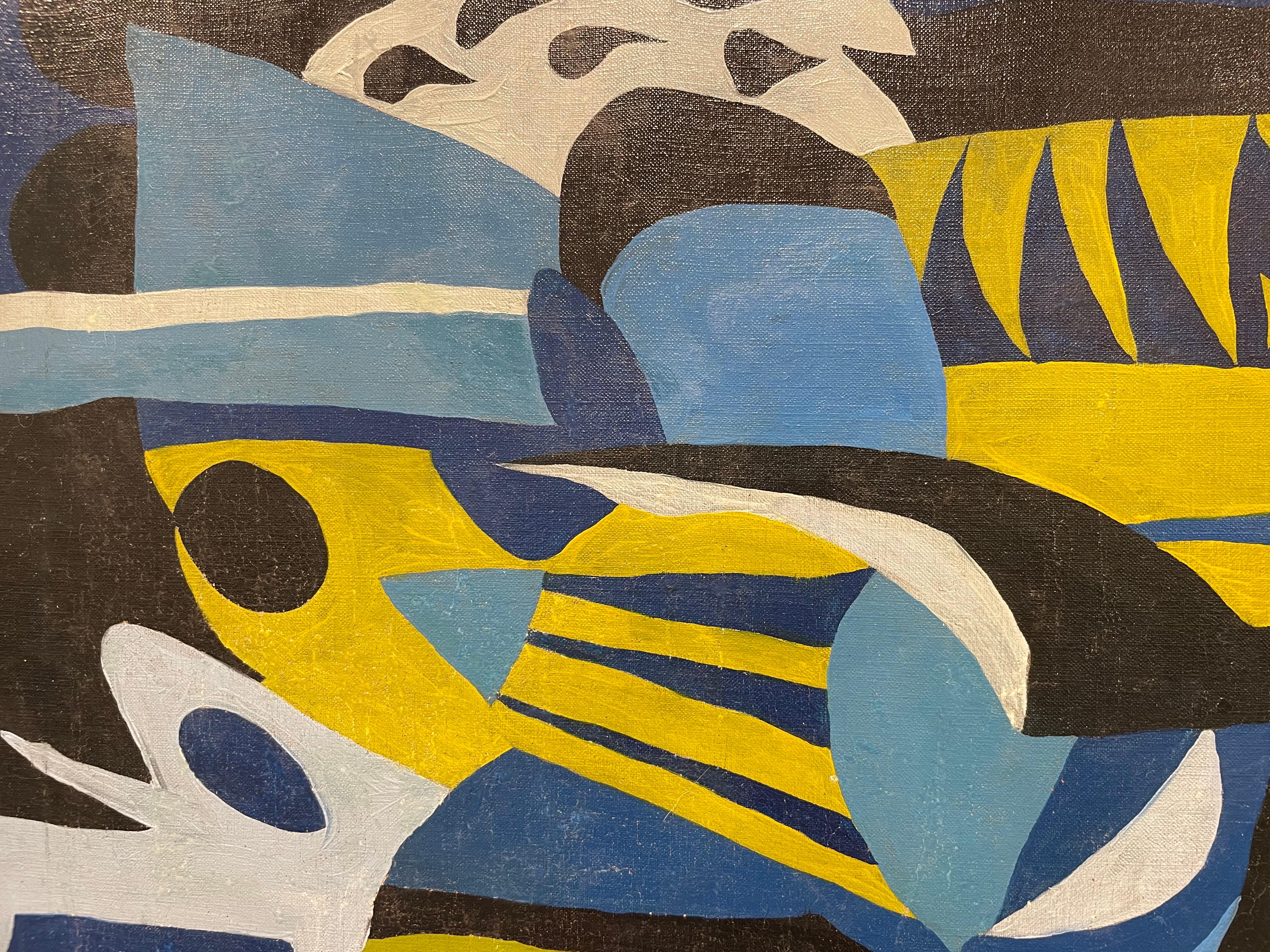 Abstraktes geometrisches abstraktes expressionistisches Gemälde aus der Mitte des Jahrhunderts in Blau, Schwarz und Grün im Angebot 6