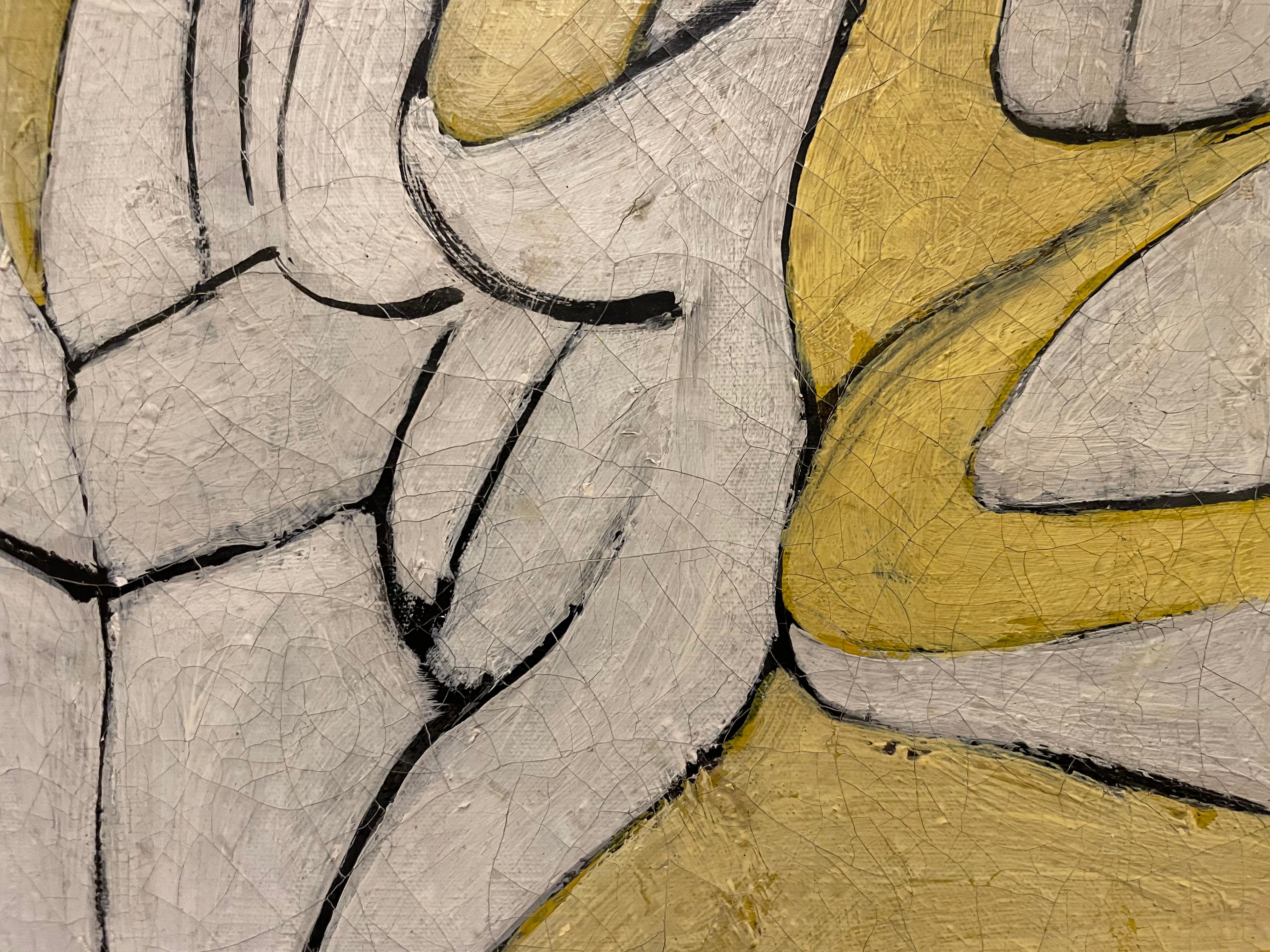 Abstract expressionist, white and yellow mid-century modern geometric painting For Sale 5