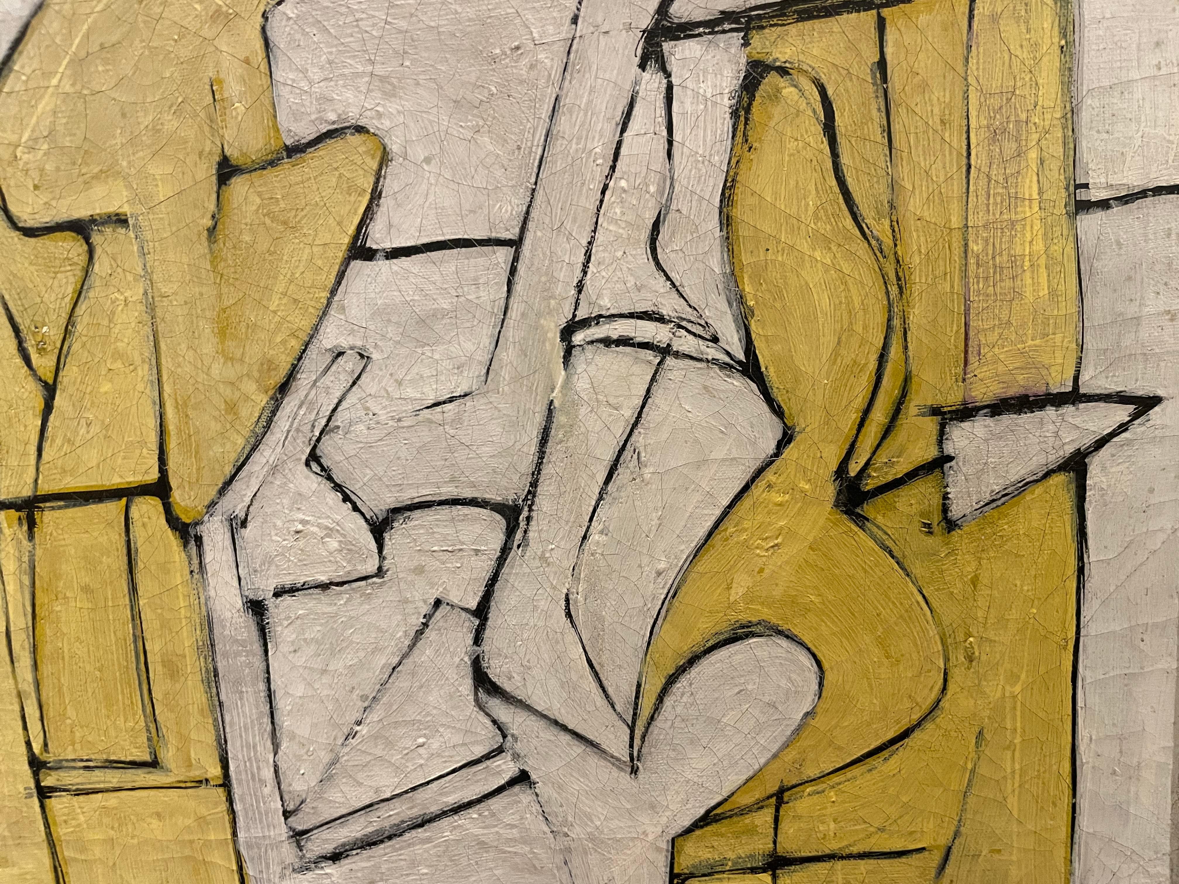 Abstract expressionist, white and yellow mid-century modern geometric painting For Sale 7