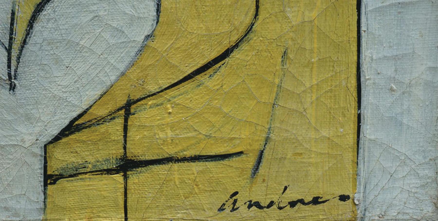 Abstrakt-expressionistisches, weißes und gelbes geometrisches Gemälde aus der Mitte des Jahrhunderts – Painting von Richard Andres