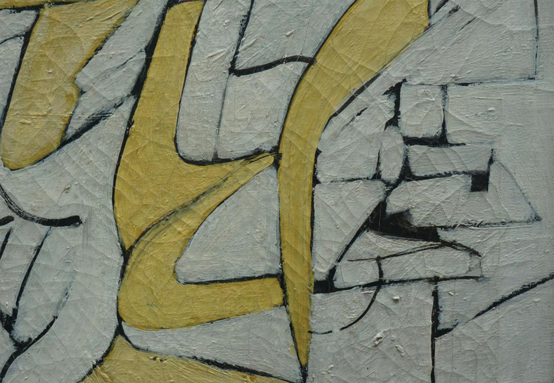 Abstrakt-expressionistisches, weißes und gelbes geometrisches Gemälde aus der Mitte des Jahrhunderts (Grau), Interior Painting, von Richard Andres