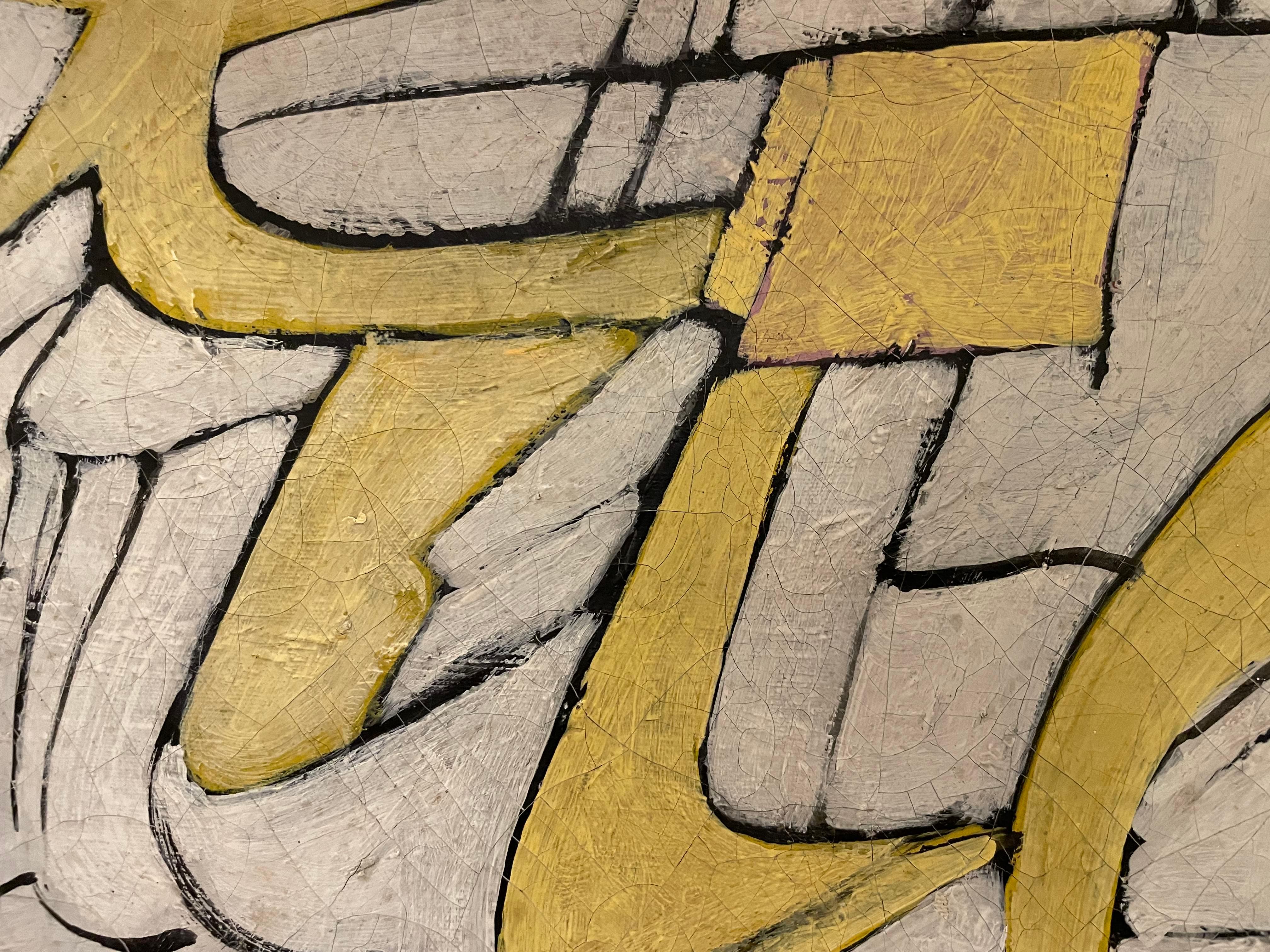 Abstract expressionist, white and yellow mid-century modern geometric painting For Sale 1