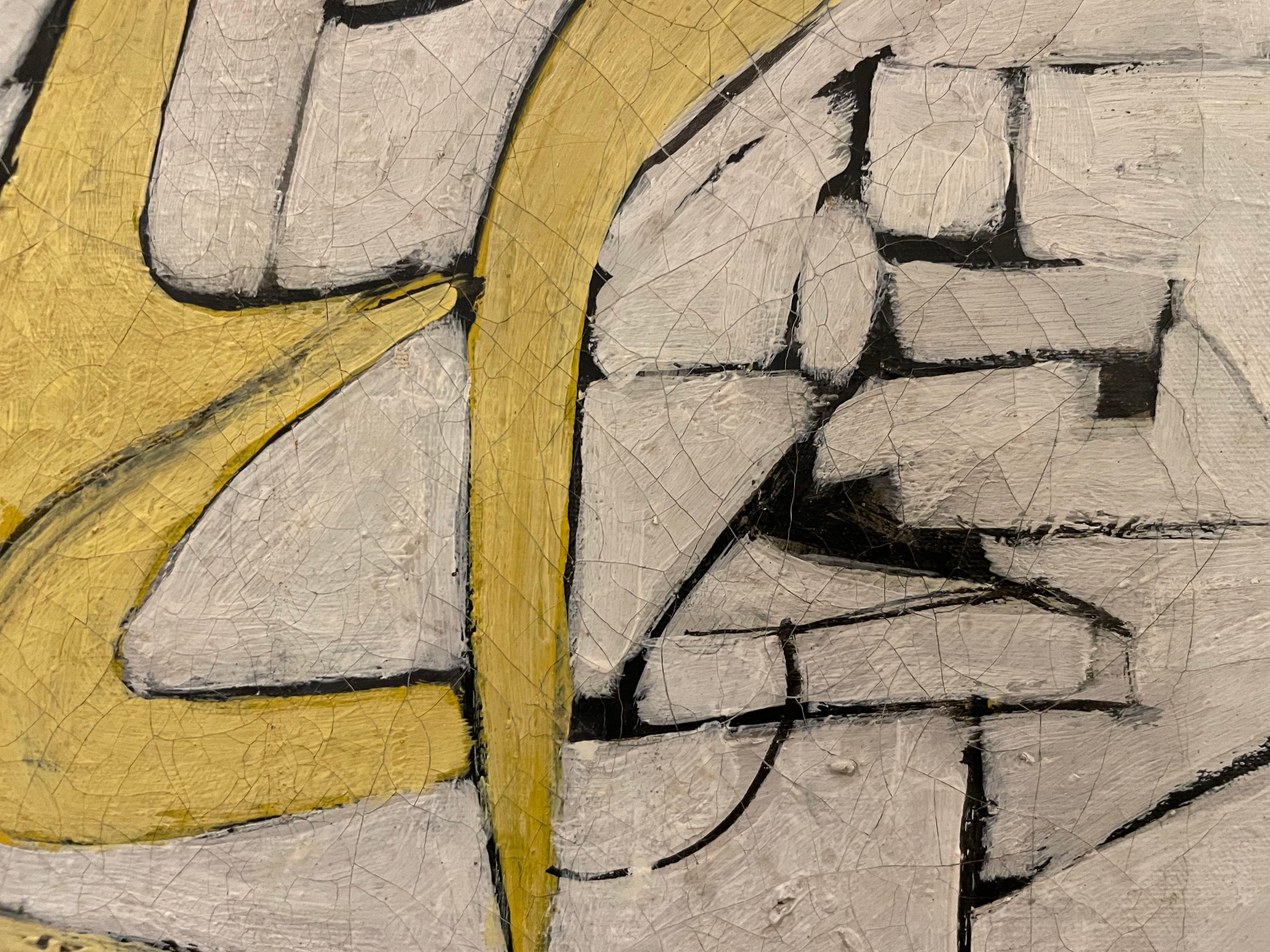 Abstract expressionist, white and yellow mid-century modern geometric painting For Sale 2