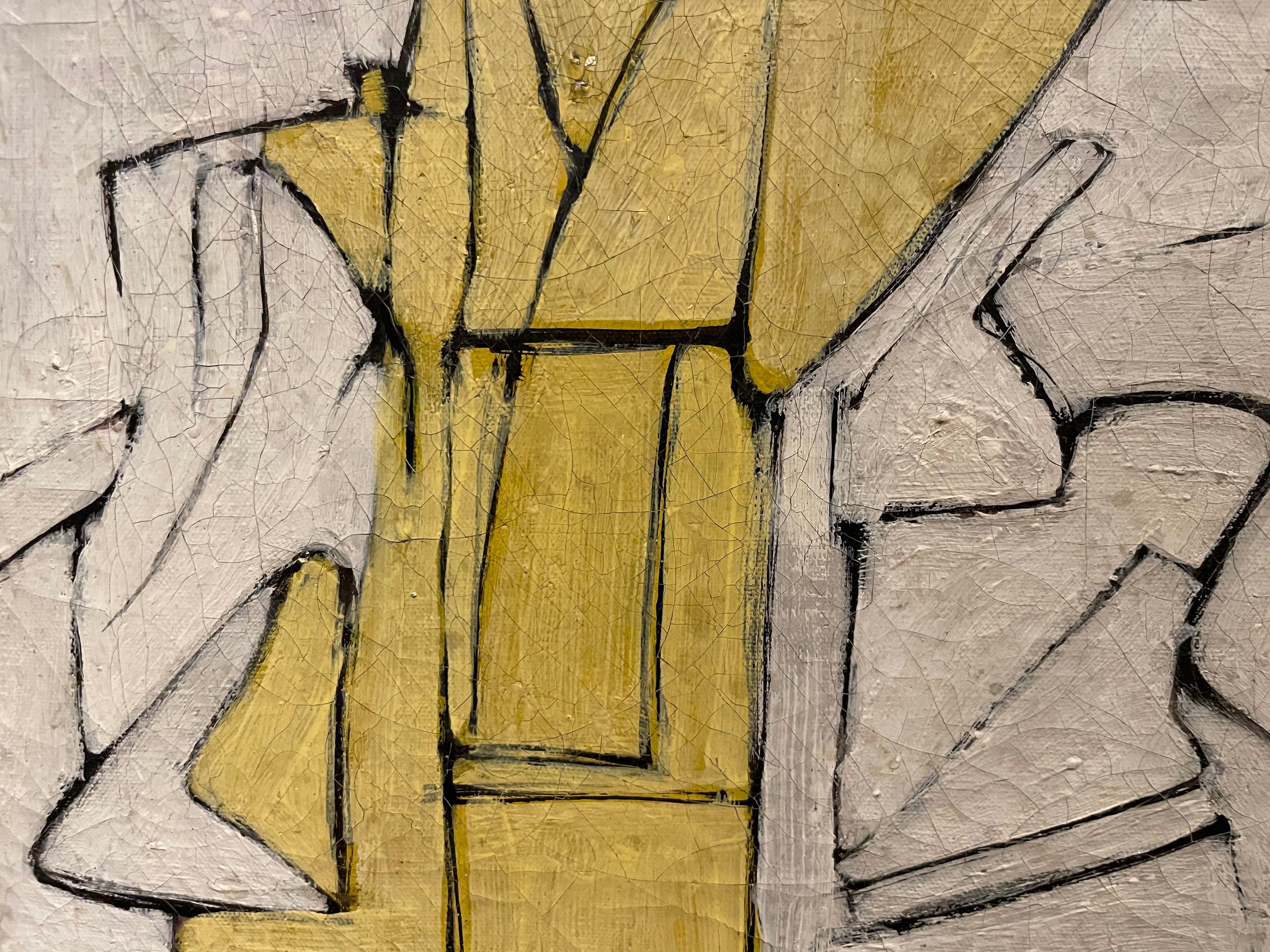 Abstract expressionist, white and yellow mid-century modern geometric painting For Sale 3
