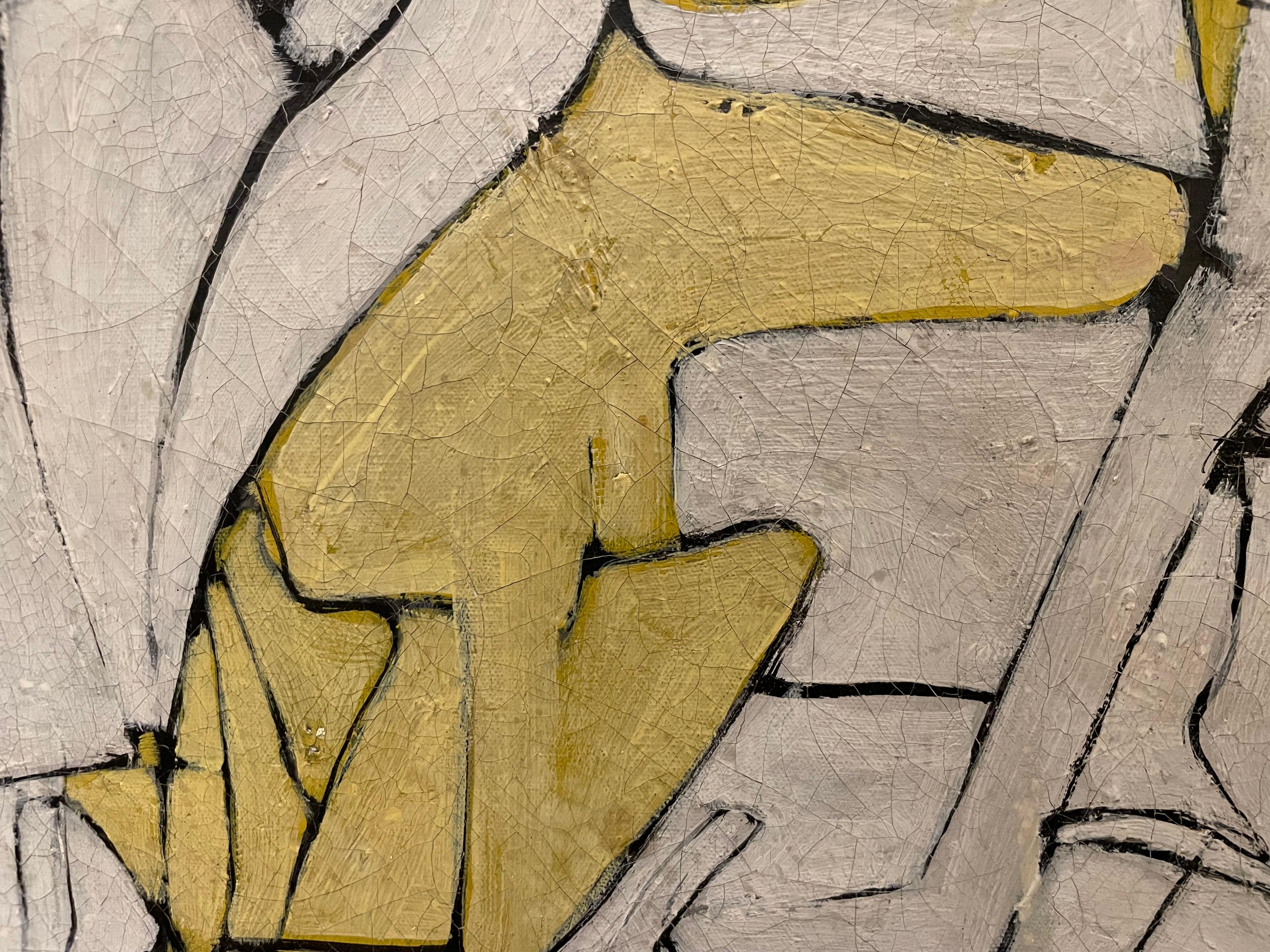 Abstract expressionist, white and yellow mid-century modern geometric painting For Sale 4