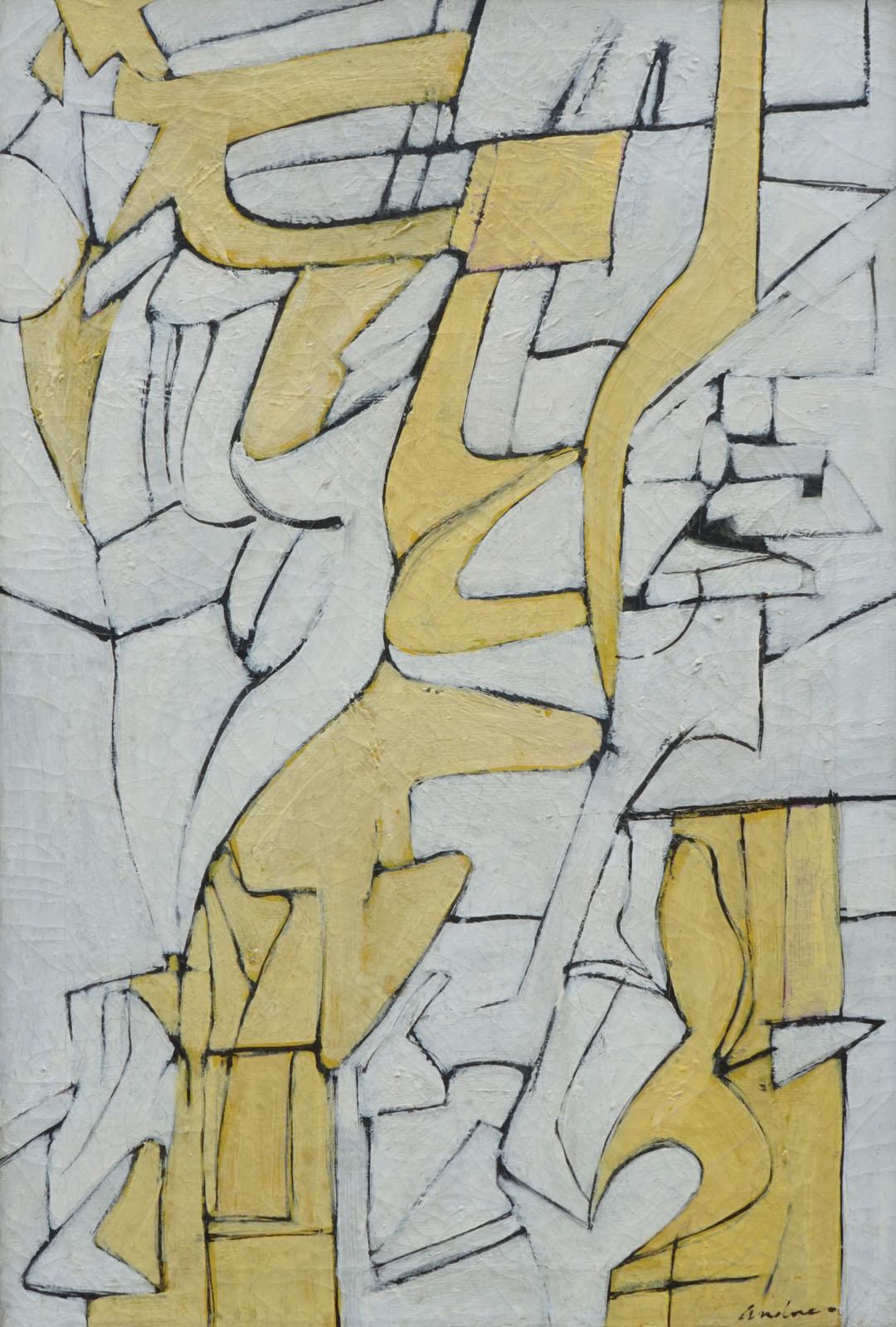 Quadro geometrico espressionista astratto, bianco e giallo della metà del secolo scorso