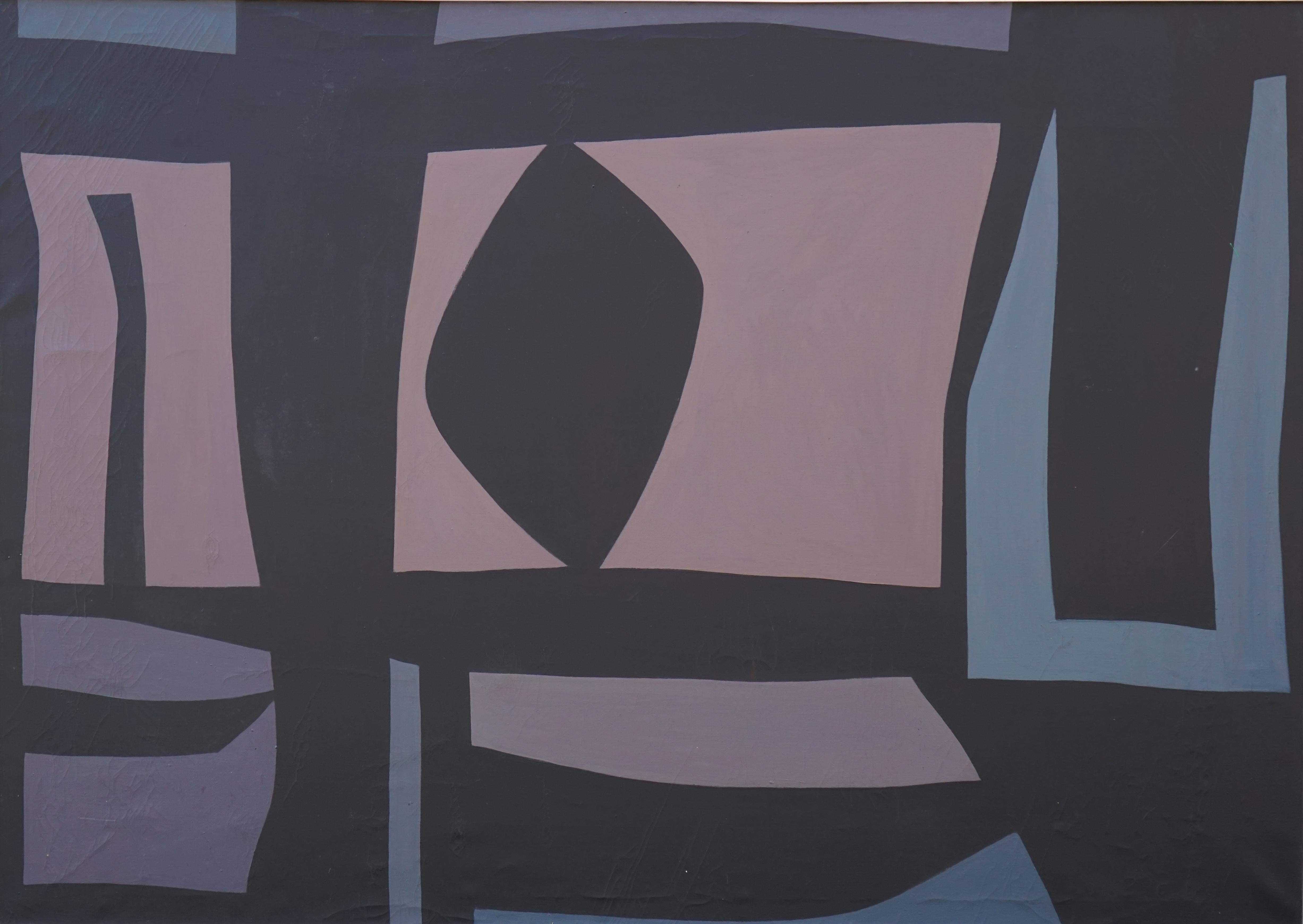 Richard Andres Abstract Painting - Blue Wall, mid-century abstract expressionist, geometric blue, black & pink work